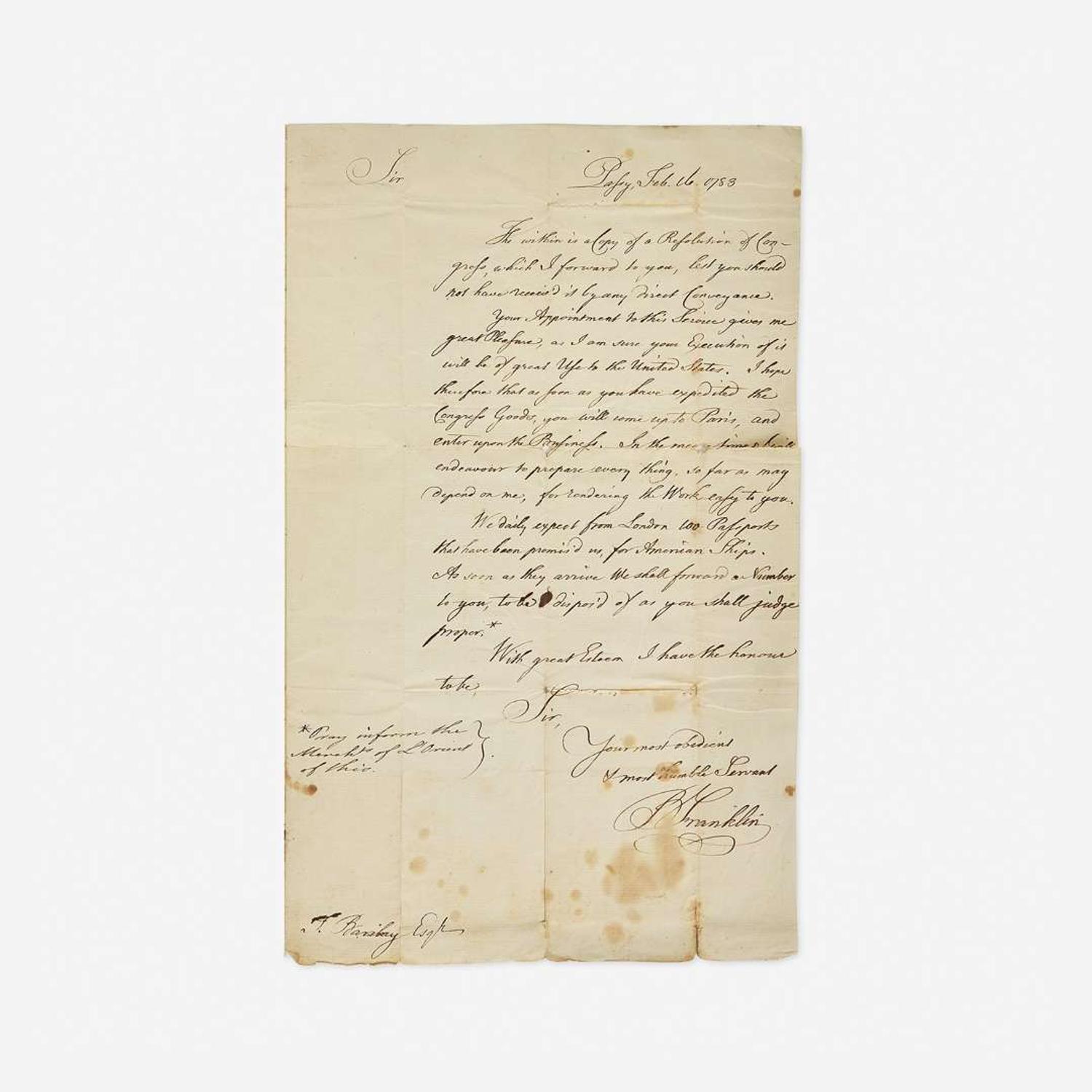 [Americana] Franklin, Benjamin Autograph Letter, signed