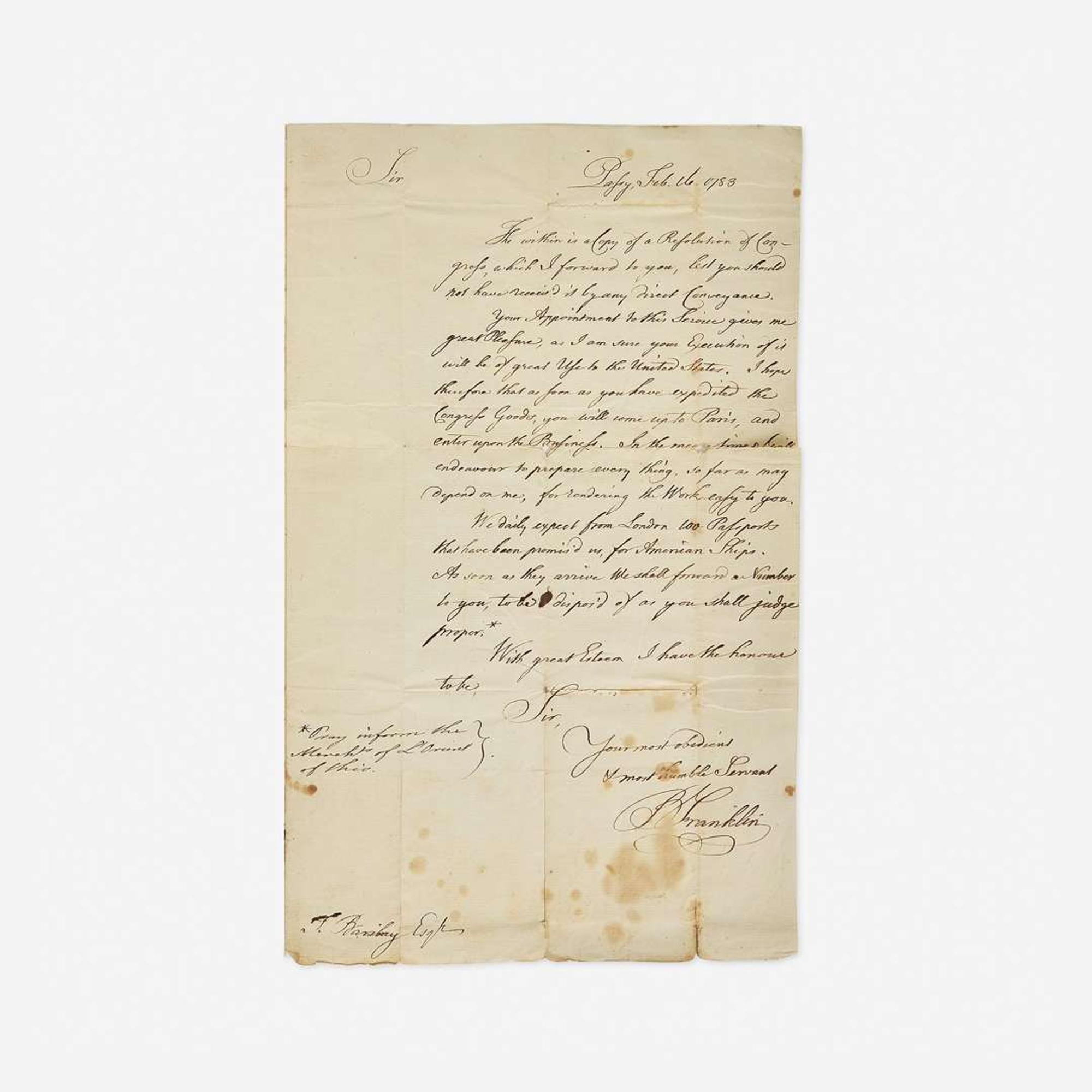 [Americana] Franklin, Benjamin Autograph Letter, signed