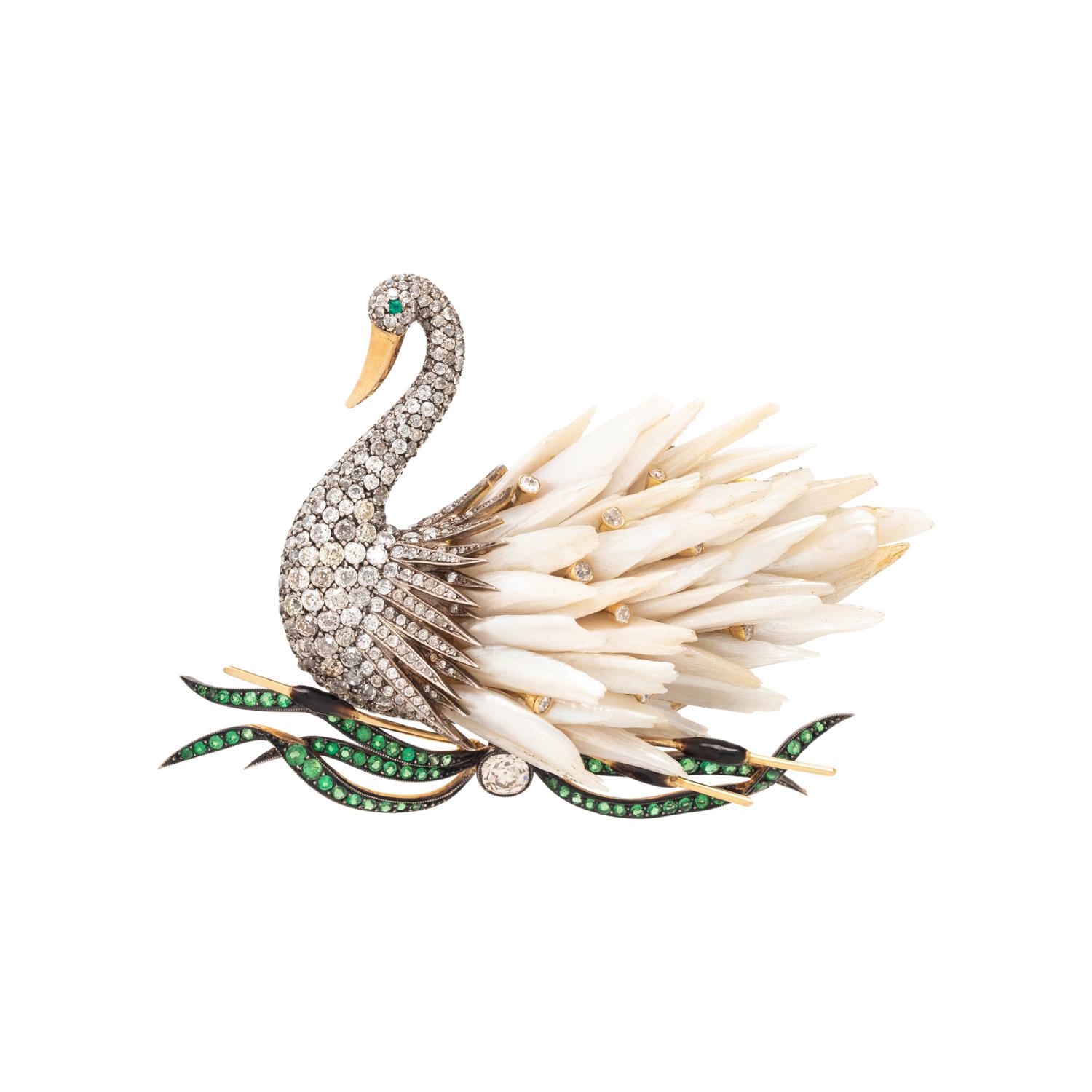 EVELYN CLOTHIER, DIAMOND, GREEN GARNET AND CULTURED BIWA PEARL SWAN BROOCH