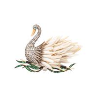 EVELYN CLOTHIER, DIAMOND, GREEN GARNET AND CULTURED BIWA PEARL SWAN BROOCH