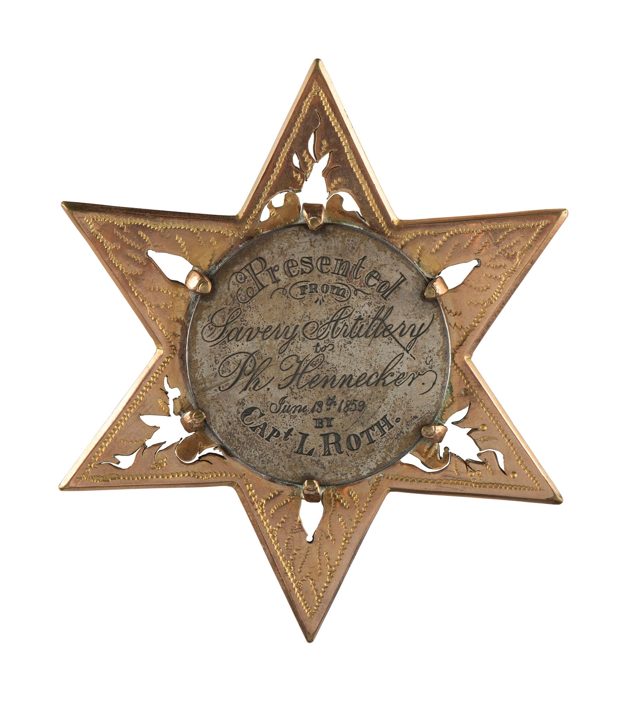 [MILITARIA]. Militia medal presented by the Savery Artillery to Ph. Hennecker, possibly from New York. June 1859.