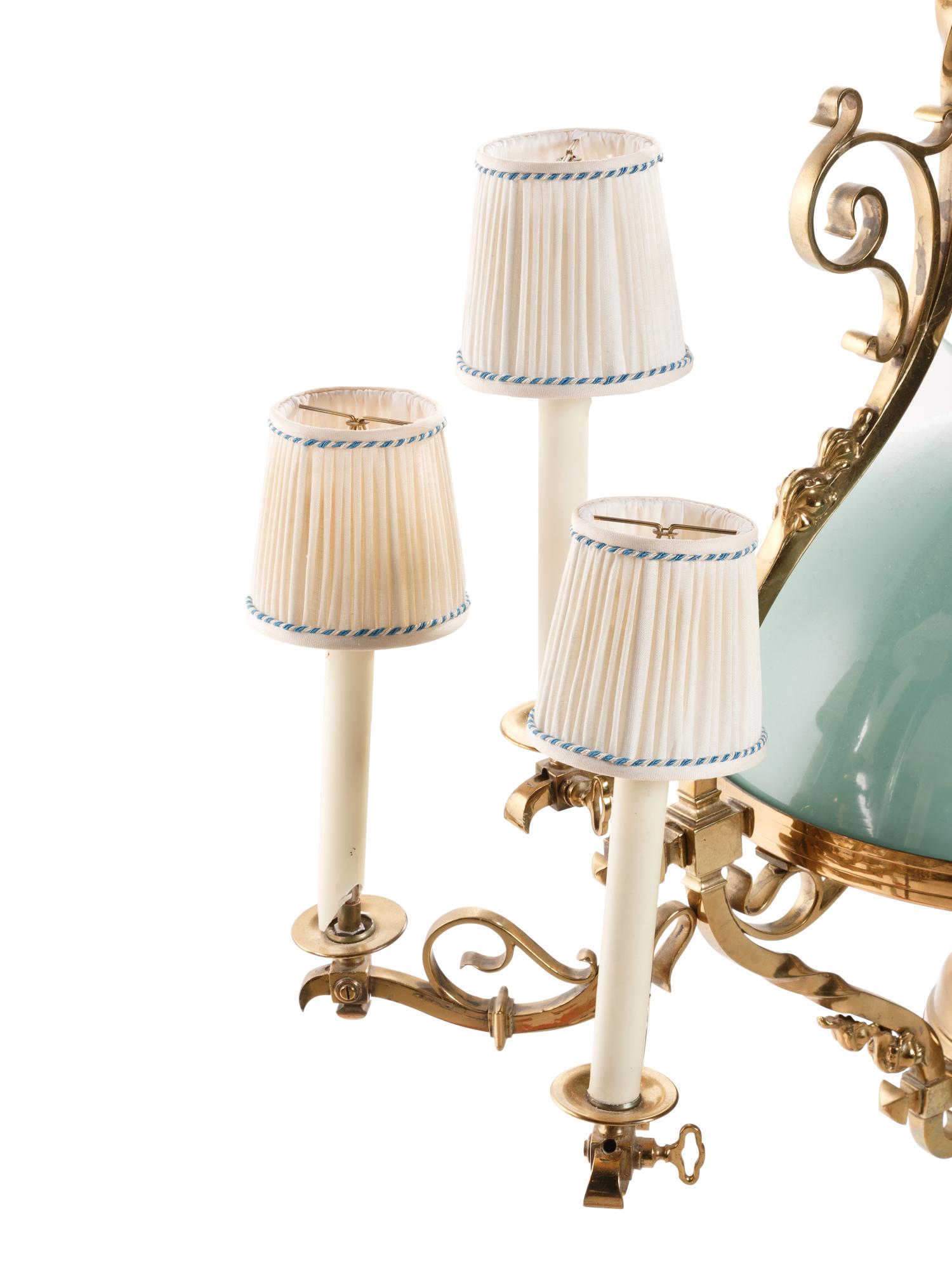 A Victorian Colored Glass Mounted Gilt Bronze Five-Light Ceiling Fixture