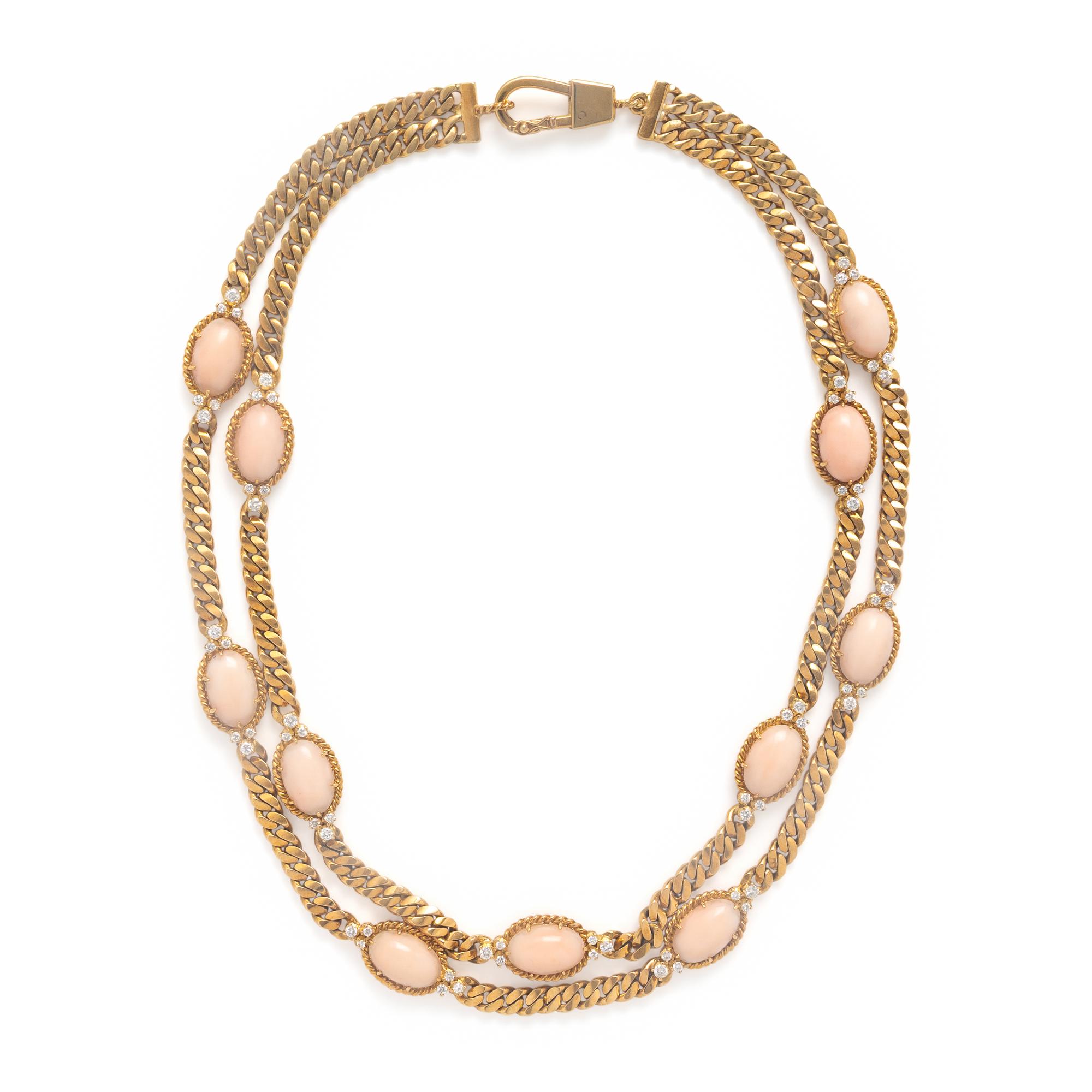 Coral, Diamond, and Yellow Gold Necklace