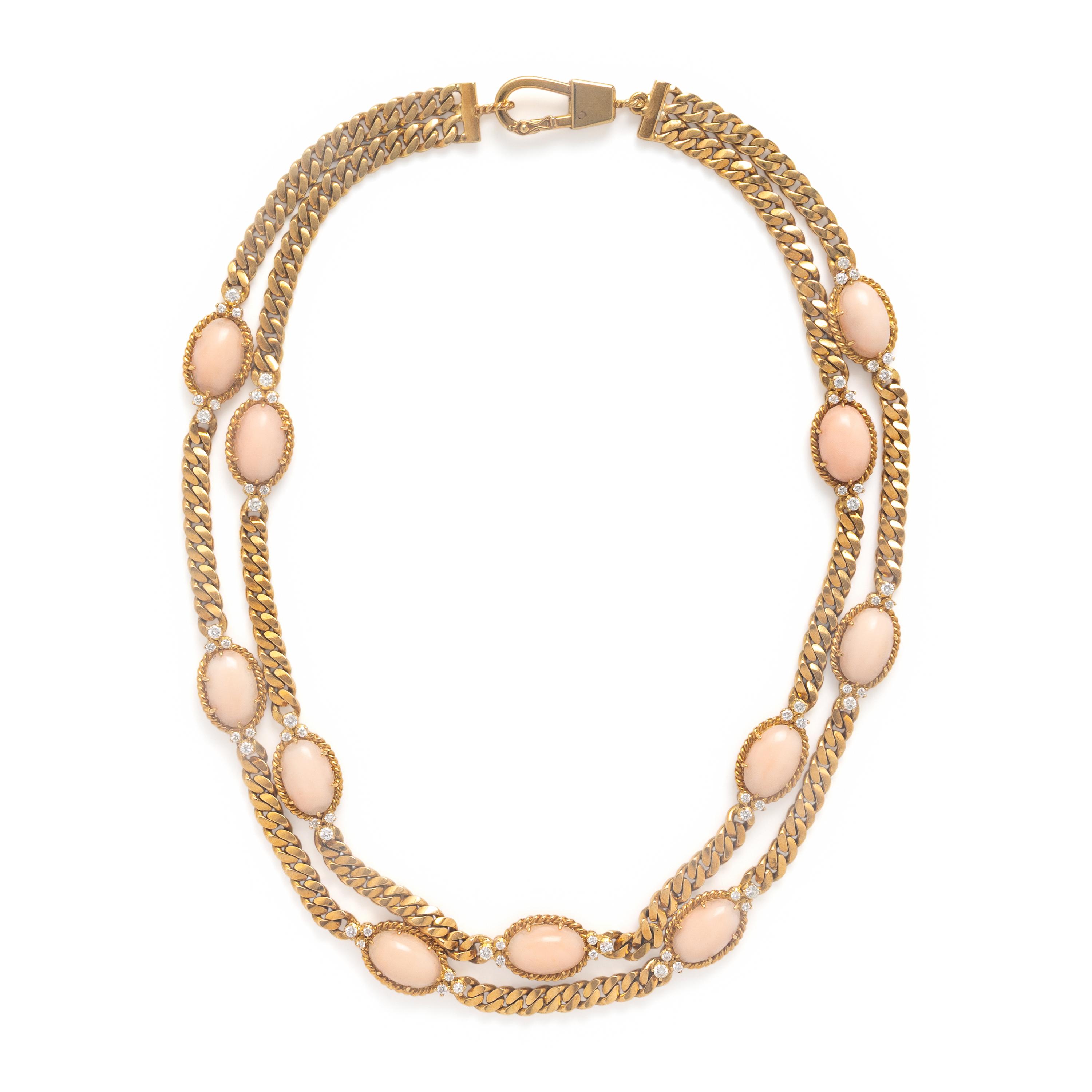 Coral, Diamond, and Yellow Gold Necklace