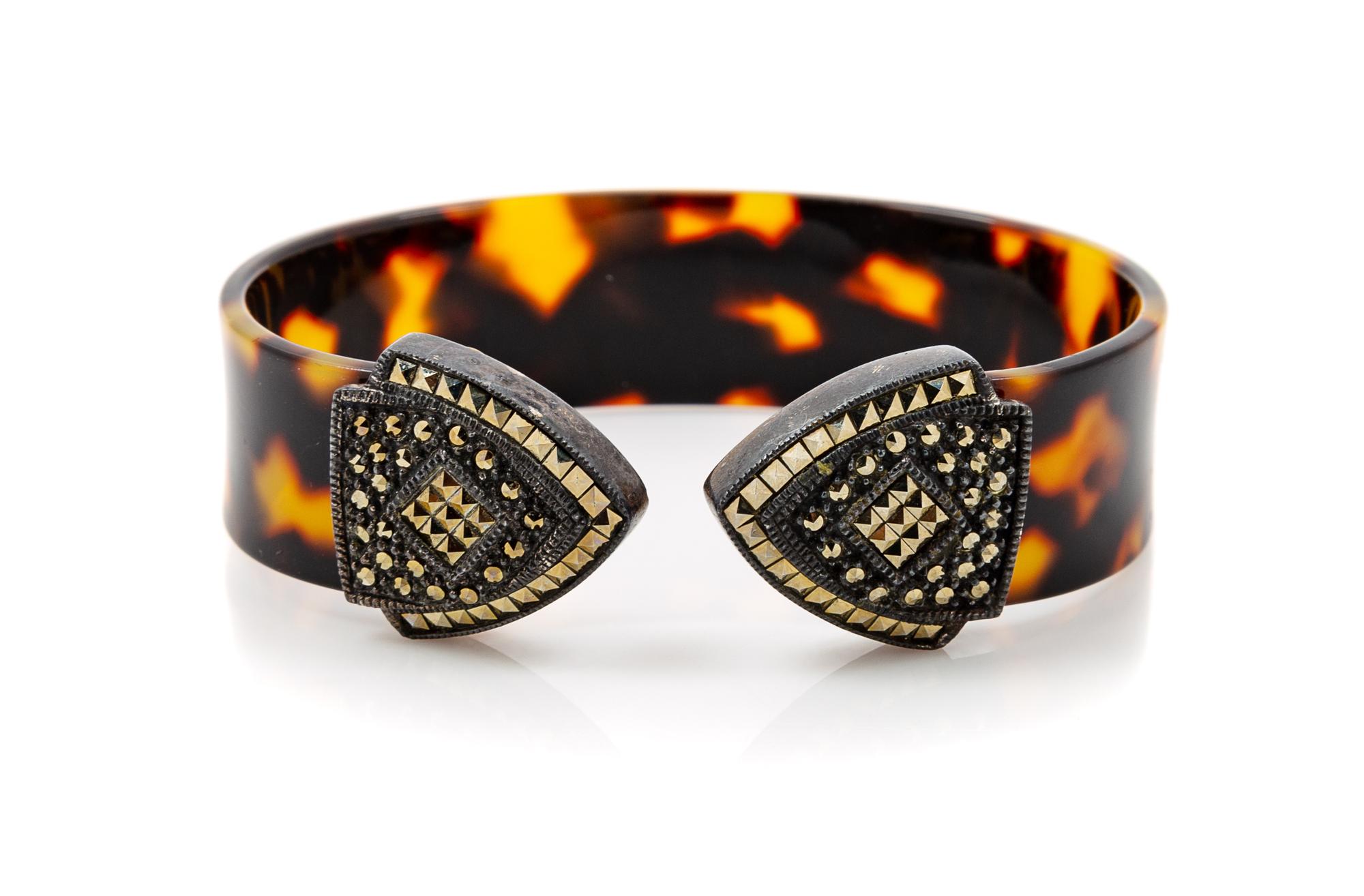 A Sterling Silver and Marcasite Tortoiseshell Cuff Bracelet, .75" W.