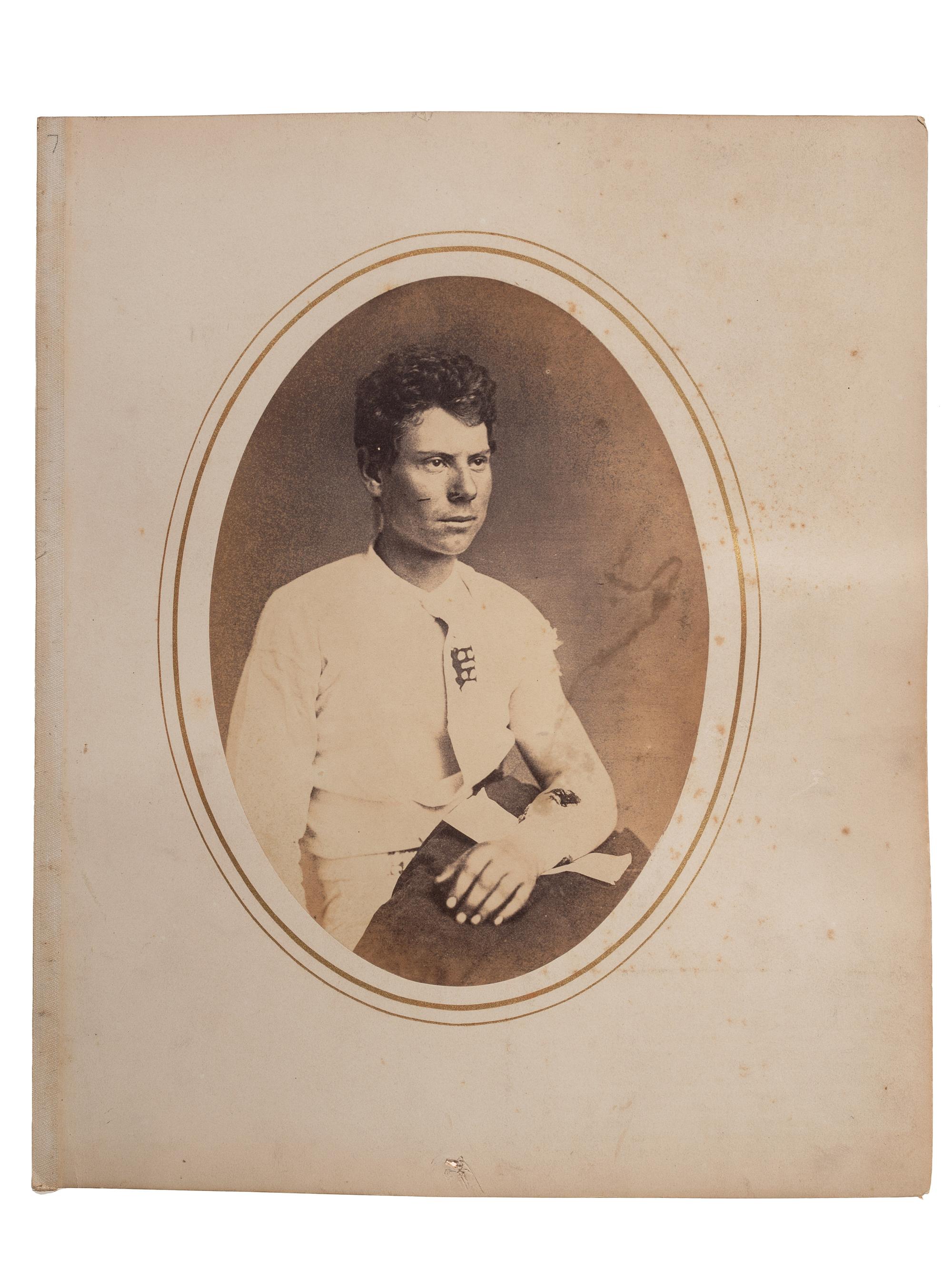 [CIVIL WAR]. Albumen photograph of Private Mason Harrington, Company K, 5th Regiment, US Cavalry, wounded escaping from a guardhouse, 18 November 1865, photographed and assembled by Reed Brockway Bontecou, M.D.