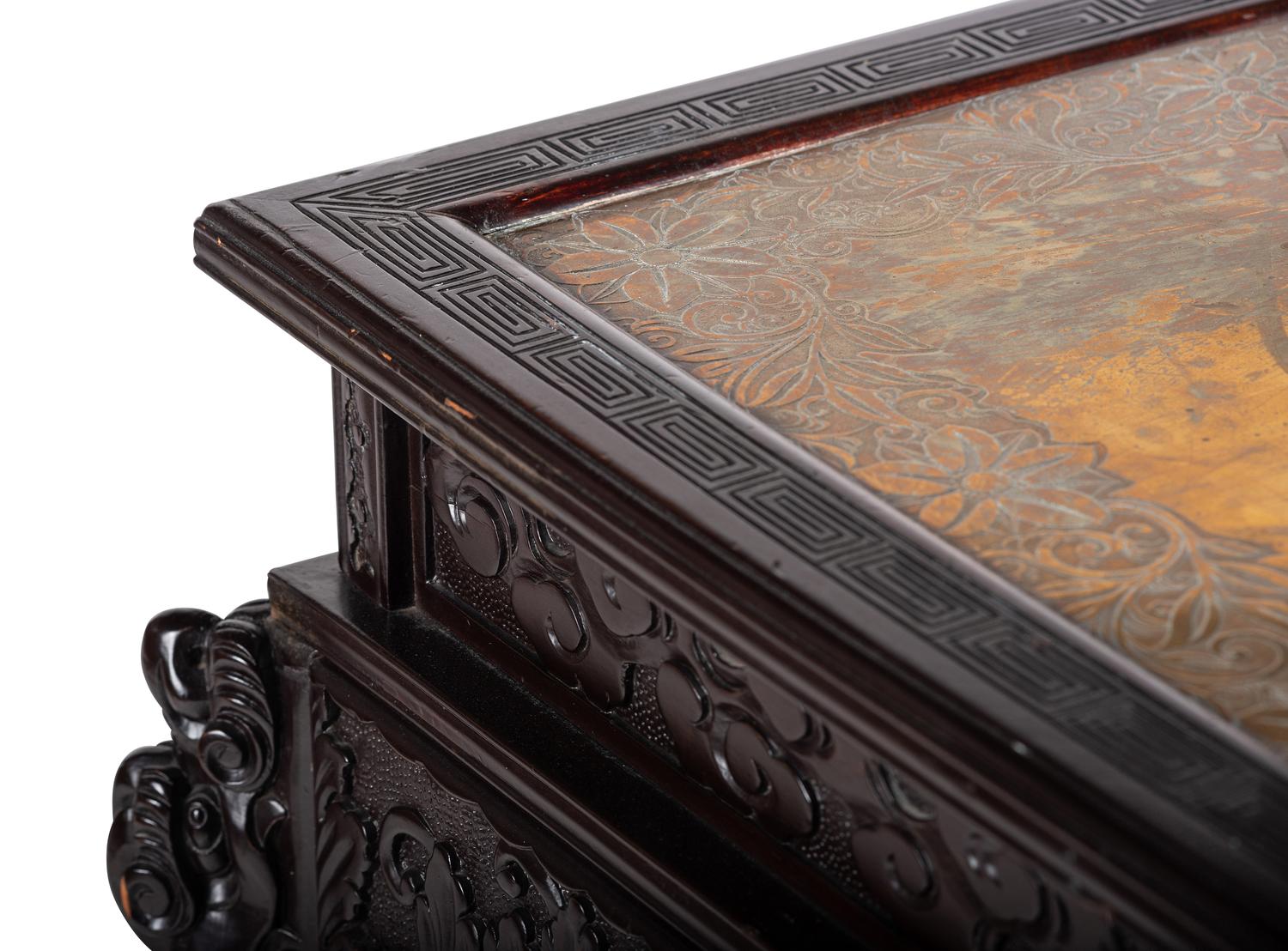 A Japanese Carved and Brass Inset Desk