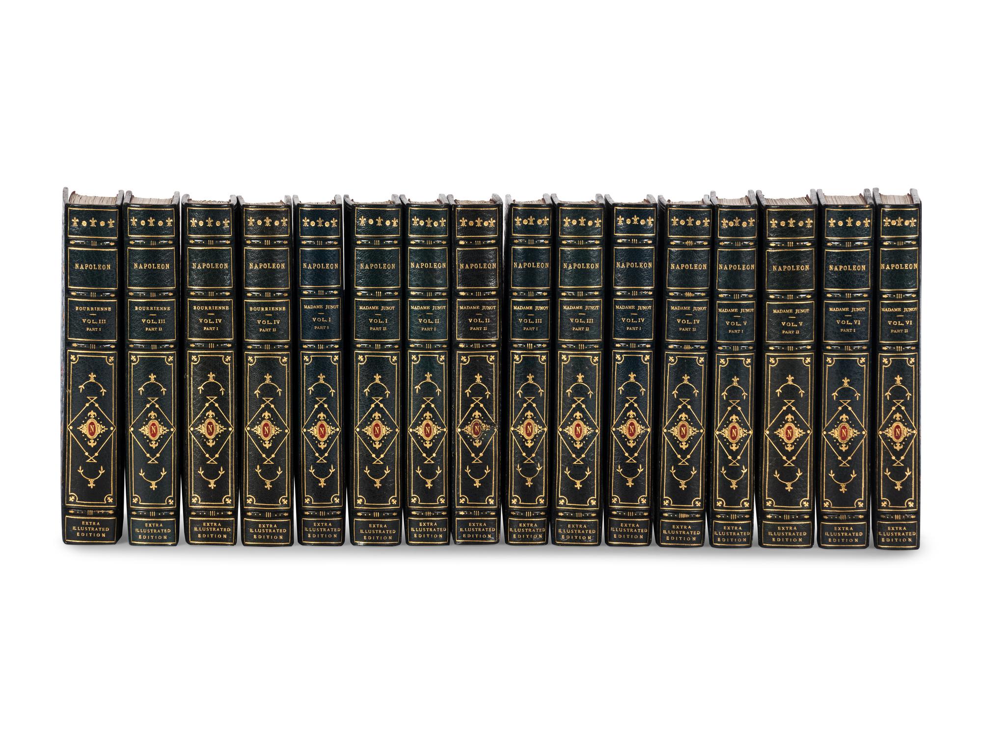 [BINDINGS] -- [BONAPARTE, Napoleon (1769-1821)]. [The Napoleon Series]. HAZLITT, William. Life of Napoleon Bonaparte . 12 volumes. -- BOURRIENNE, Louis Antoine Fauvelet de (1769-1834). Life of Napoleon Bonaparte . 8 volumes. -- JUNOT, Laure, Duchesse D'Abrantes (1784-1838). Memoirs of Madame Junot . 12 volumes. London: H.S. Nicols Co., n.d.