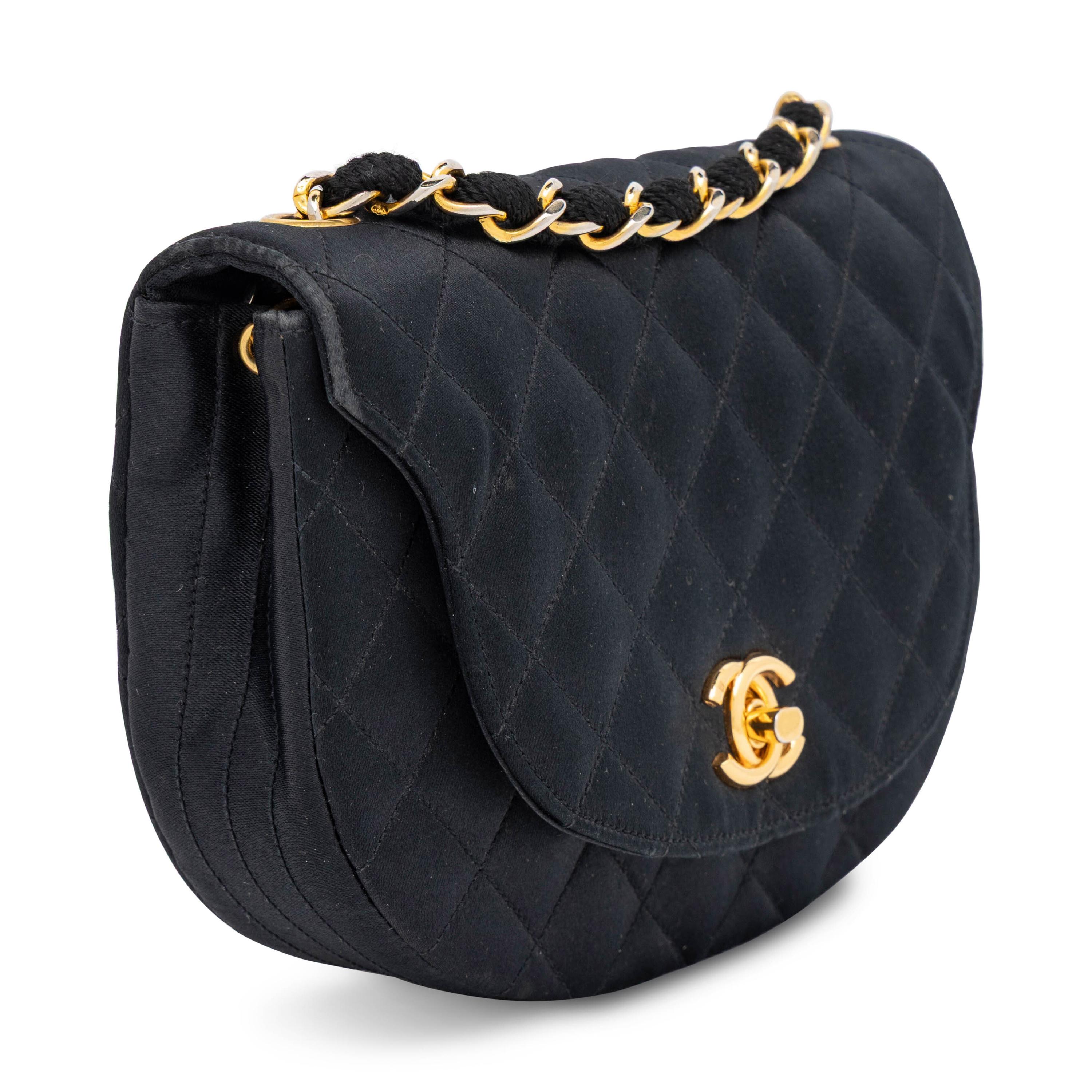Chanel, Curved Flap Bag in Quilted Black Satin