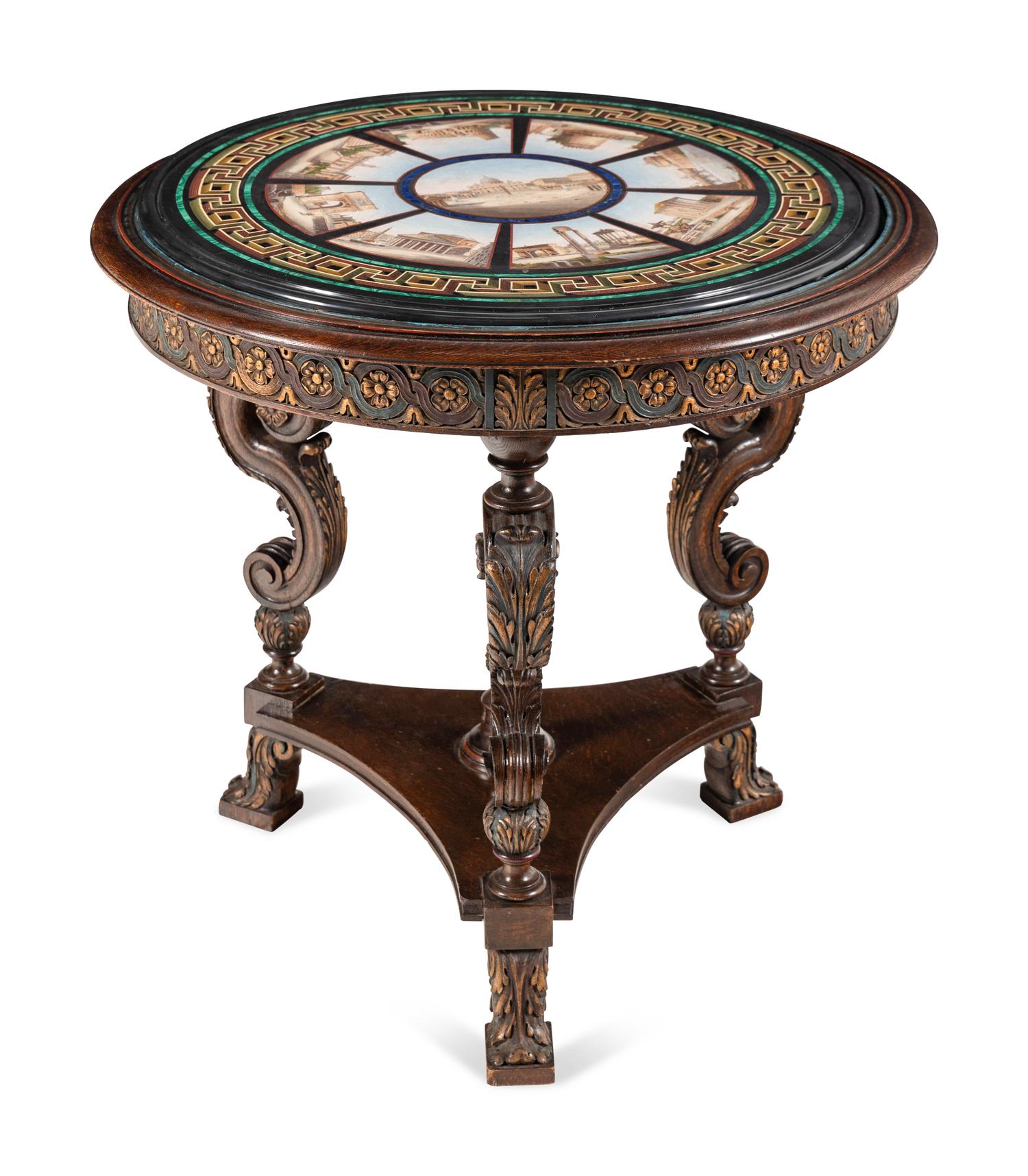 An Italian Micromosaic and Parcel Gilt Oak Center Table
