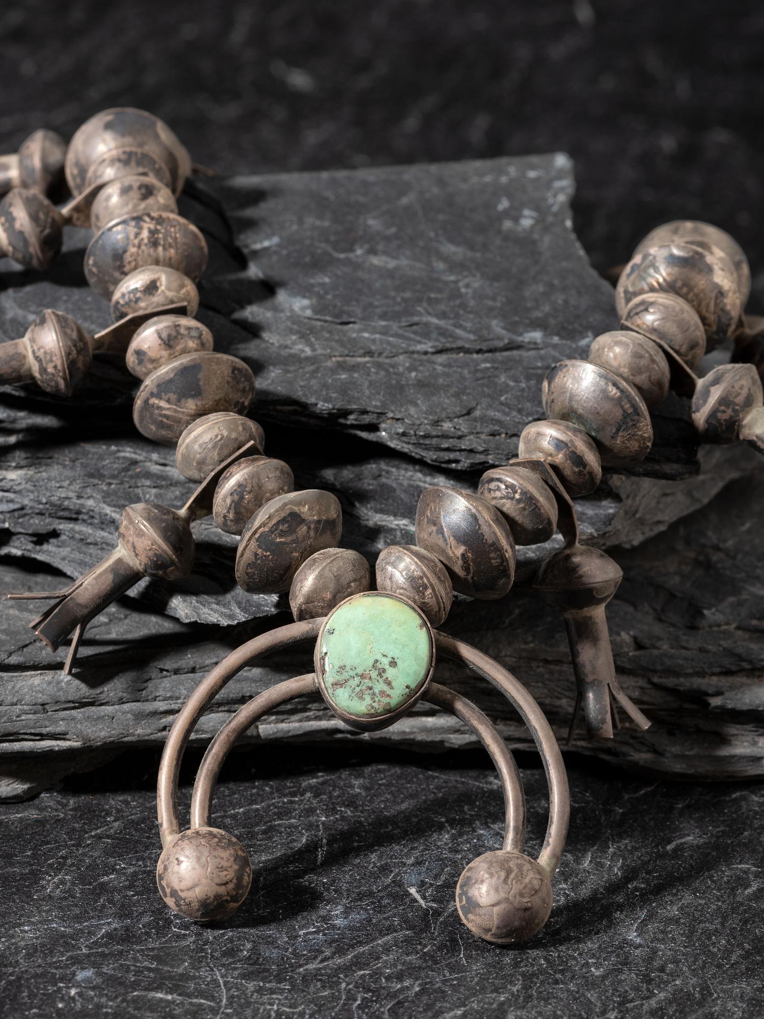 Navajo Coin and Turquoise Squash Blossom Necklace