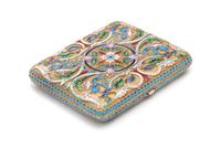 A Russian Silver-Gilt and Enameled Cigarette Case, Nikolai Strulev, Moscow, 19th Century, the lid and underside centered by a rosette i
