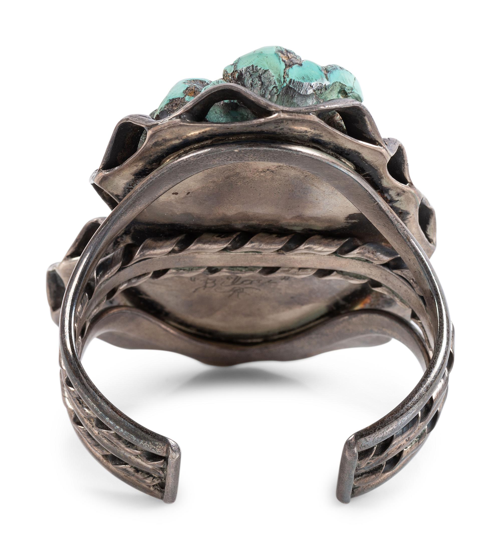 Large Navajo Silver and Turquoise Nugget Cuff Bracelet, with Snake Bezel