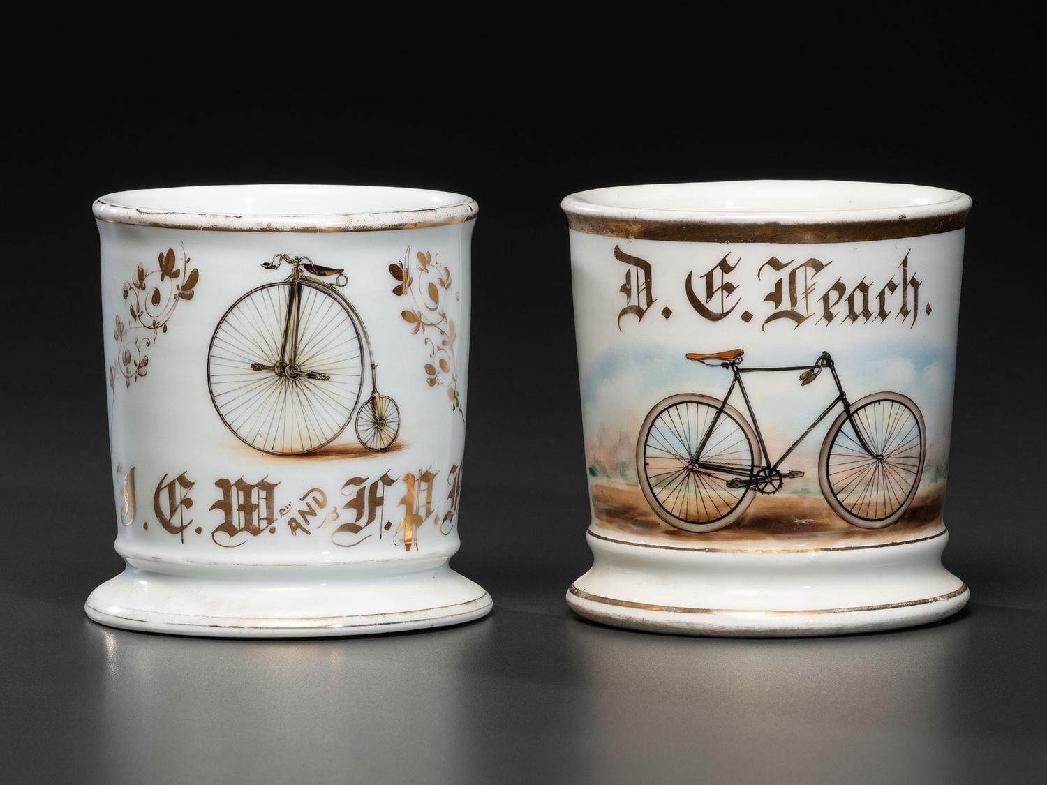 Two Cyclist's Porcelain Shaving Mugs