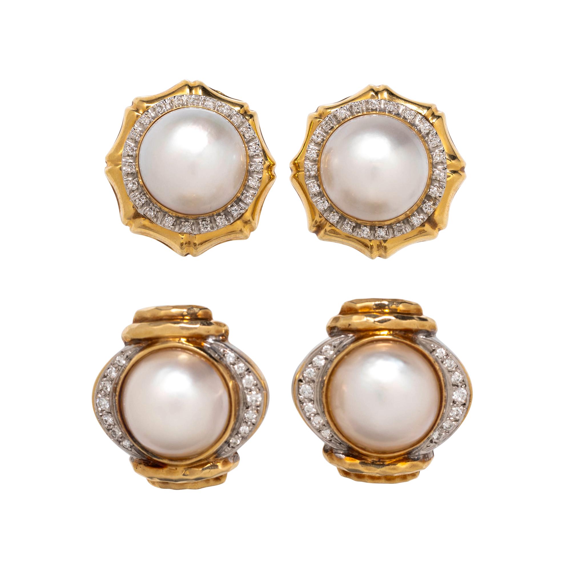TWO PAIRS OF CULTURED MABE PEARL AND DIAMOND EARCLIPS