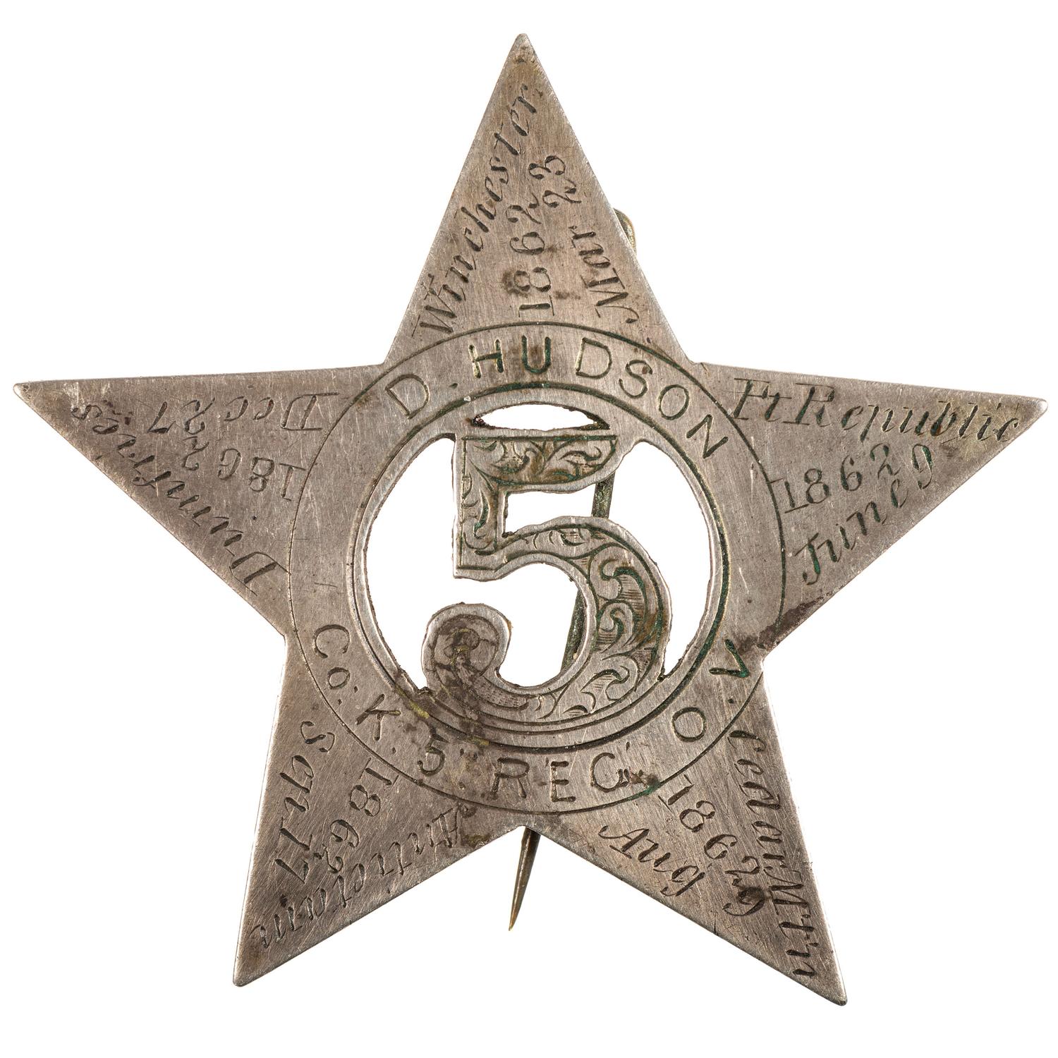 Private Daniel Hudson, Company K, 5th Ohio Volunteers, silver corps badge engraved with battle honors, incl. Winchester, Port Republic, Cedar Mountain, Antietam, Dumfries, and Chancellorsville.