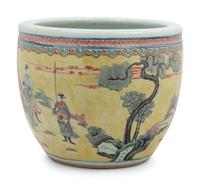A Yellow Ground Famille Verte Porcelain Fish Bowl