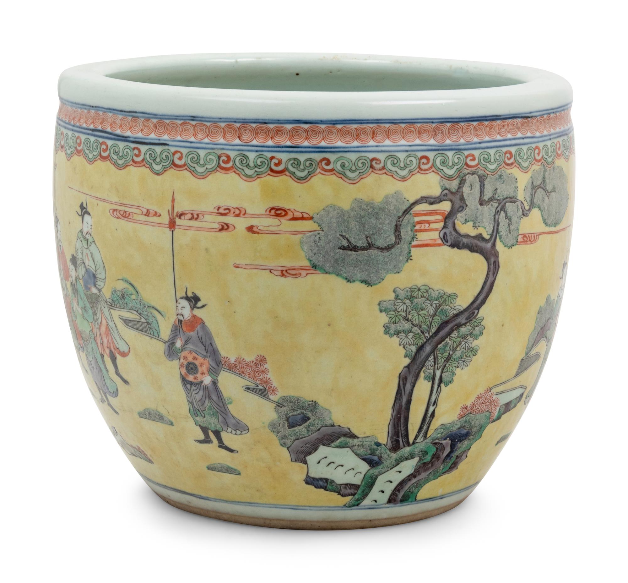 A Yellow Ground Famille Verte Porcelain Fish Bowl