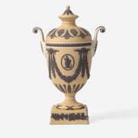A Wedgwood Buff Yellow Dip and Solid Black Jasperware Vase and Cover UK, circa 1880
