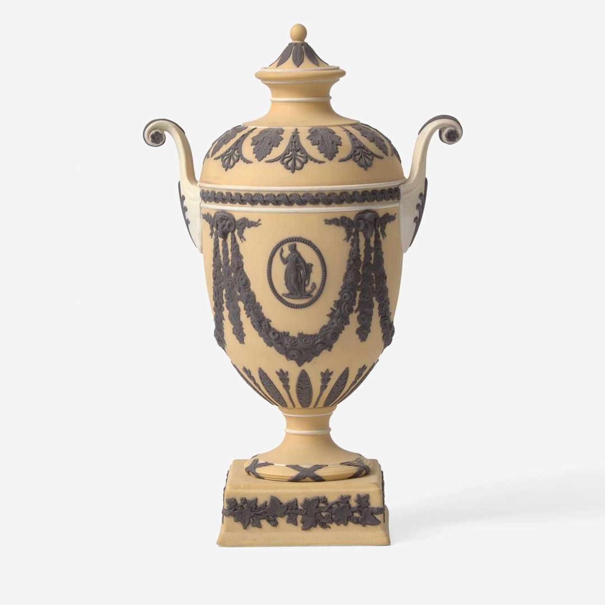 A Wedgwood Buff Yellow Dip and Solid Black Jasperware Vase and Cover UK, circa 1880