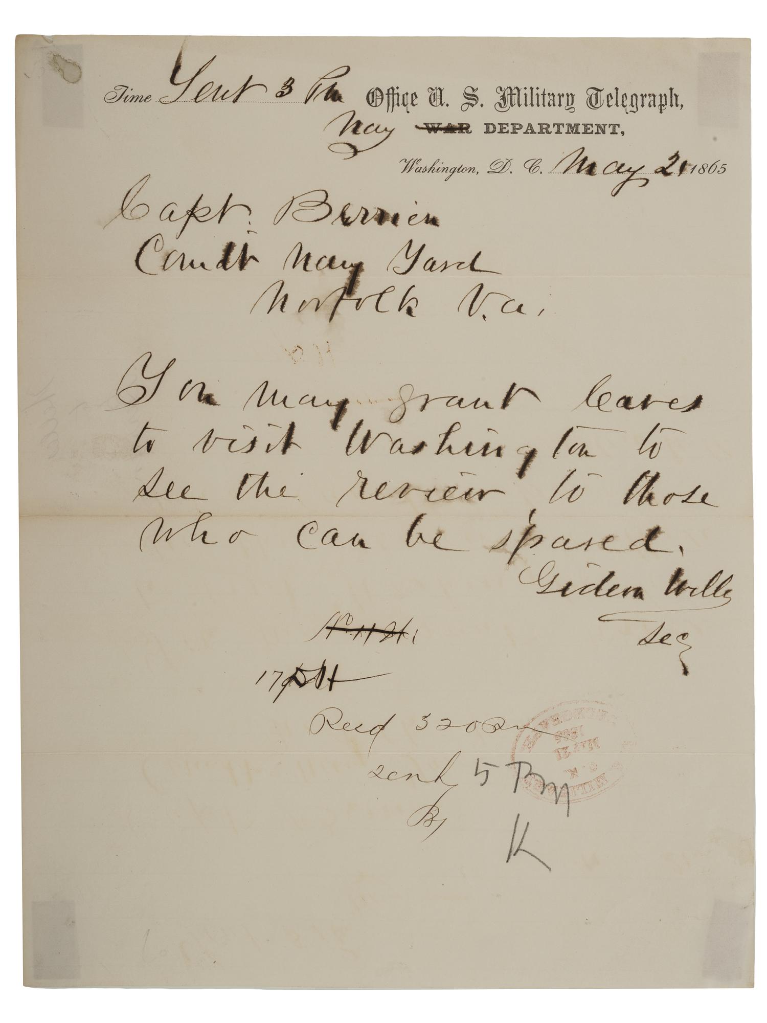 WELLES, Gideon (1802-1878). Letters and document associated with Welles, and other naval commanders.