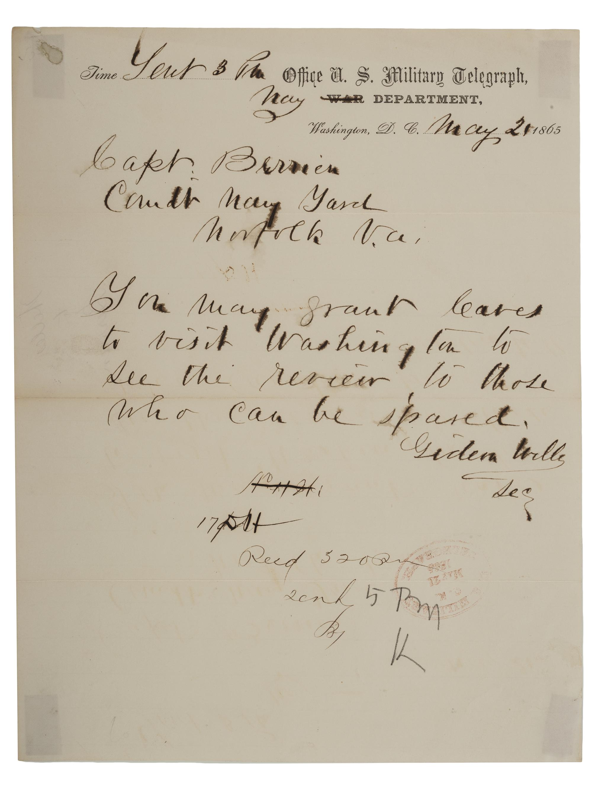 WELLES, Gideon (1802-1878). Letters and document associated with Welles, and other naval commanders.
