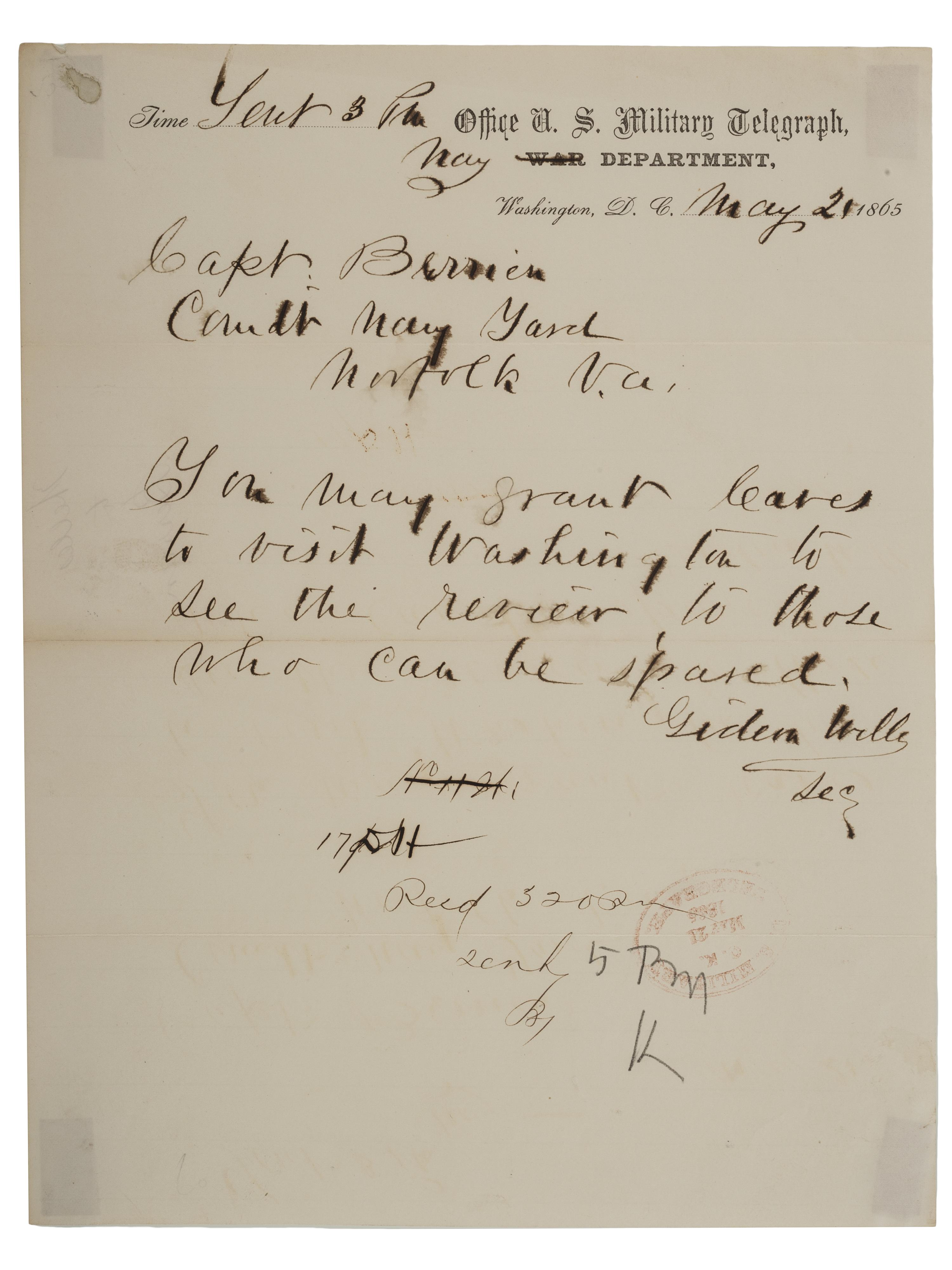 WELLES, Gideon (1802-1878). Letters and document associated with Welles, and other naval commanders.