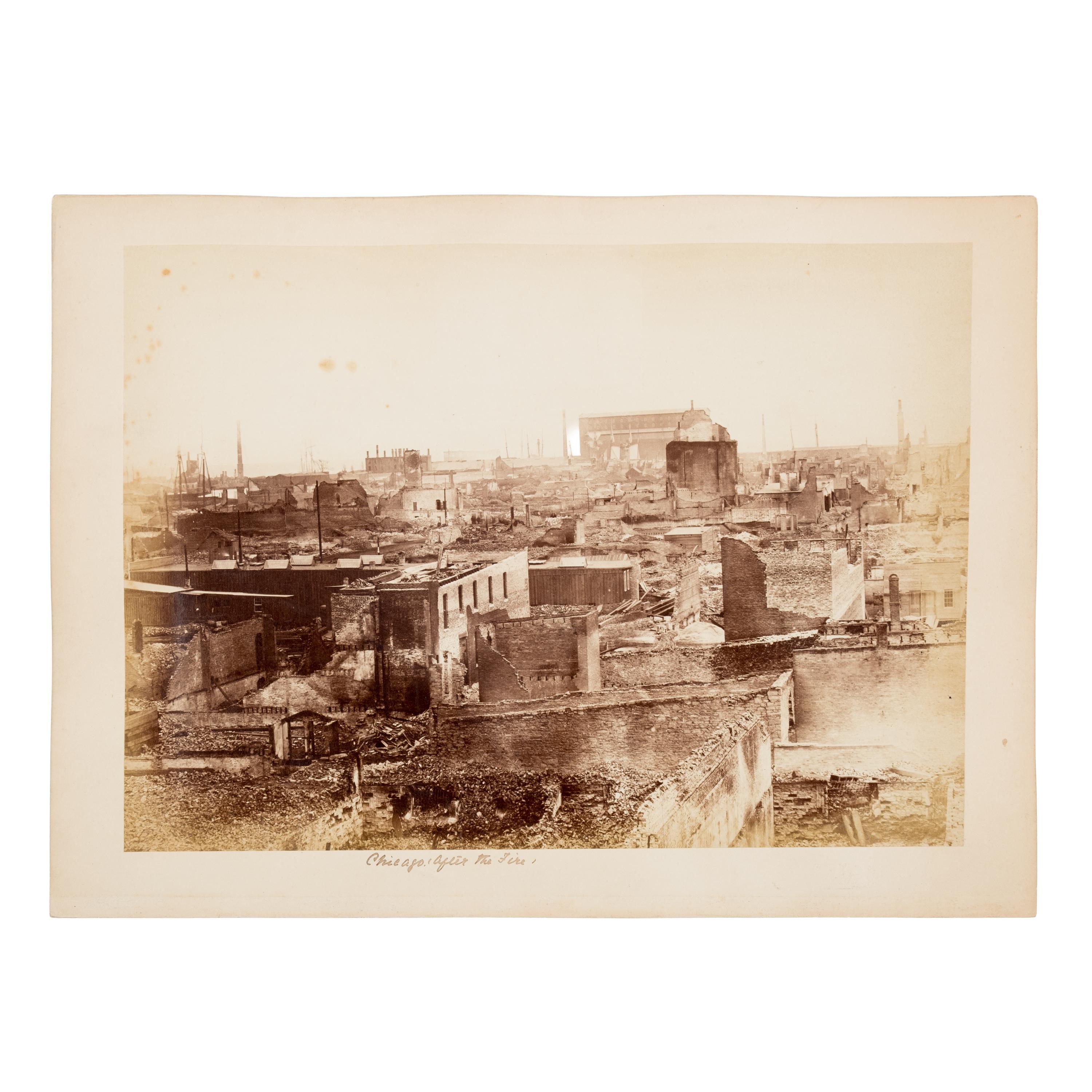 [Chicago Fire]. A collection of approx. 80 CDVs, cabinet cards, albumen prints, and glass slides taken after the Chicago Fire of 1871.