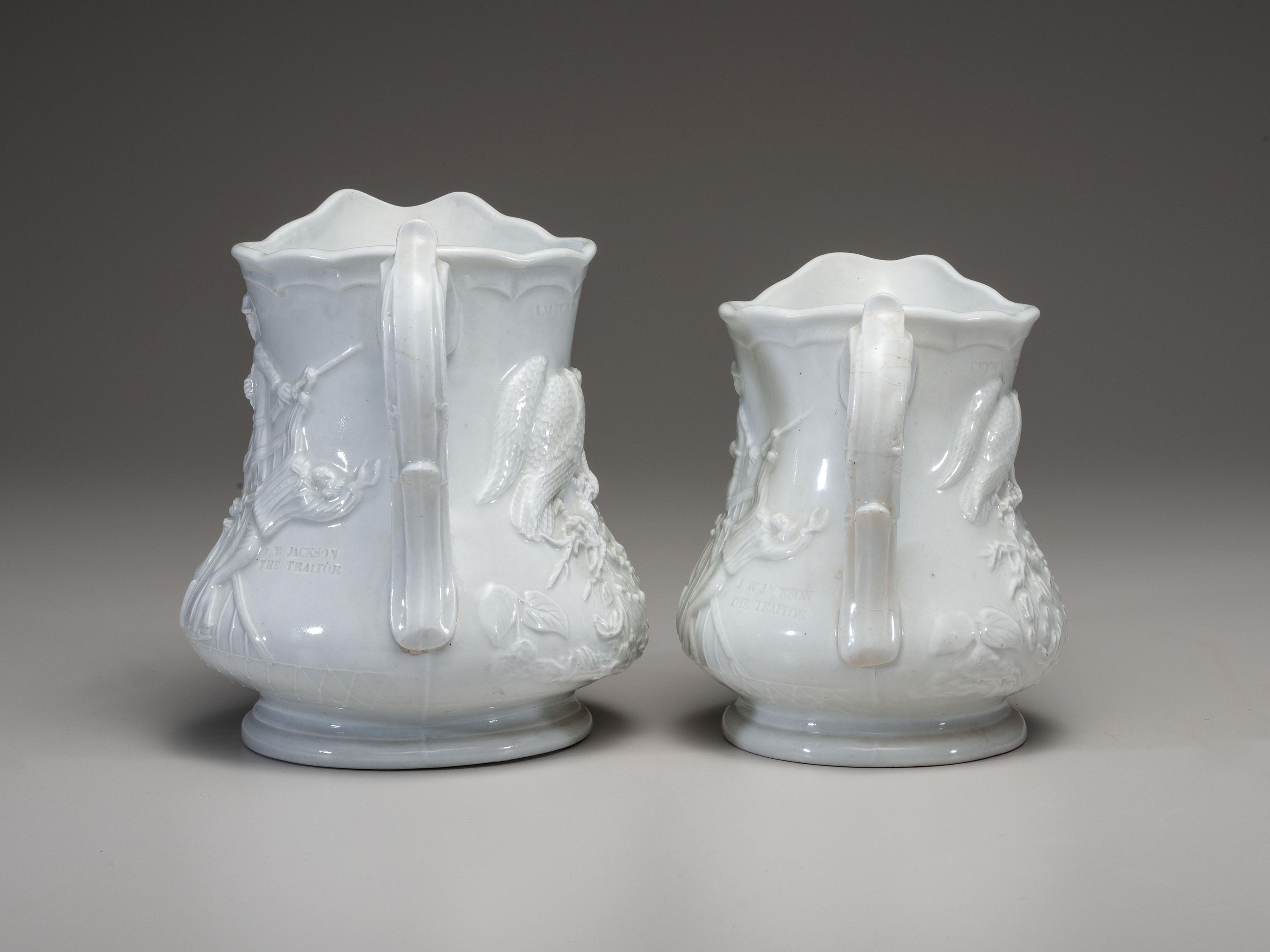 Two Millington, Astbury and Poulson White Glazed Molded Porcelain 'Colonel Elmer Ellsworth' Commemorative Pitchers