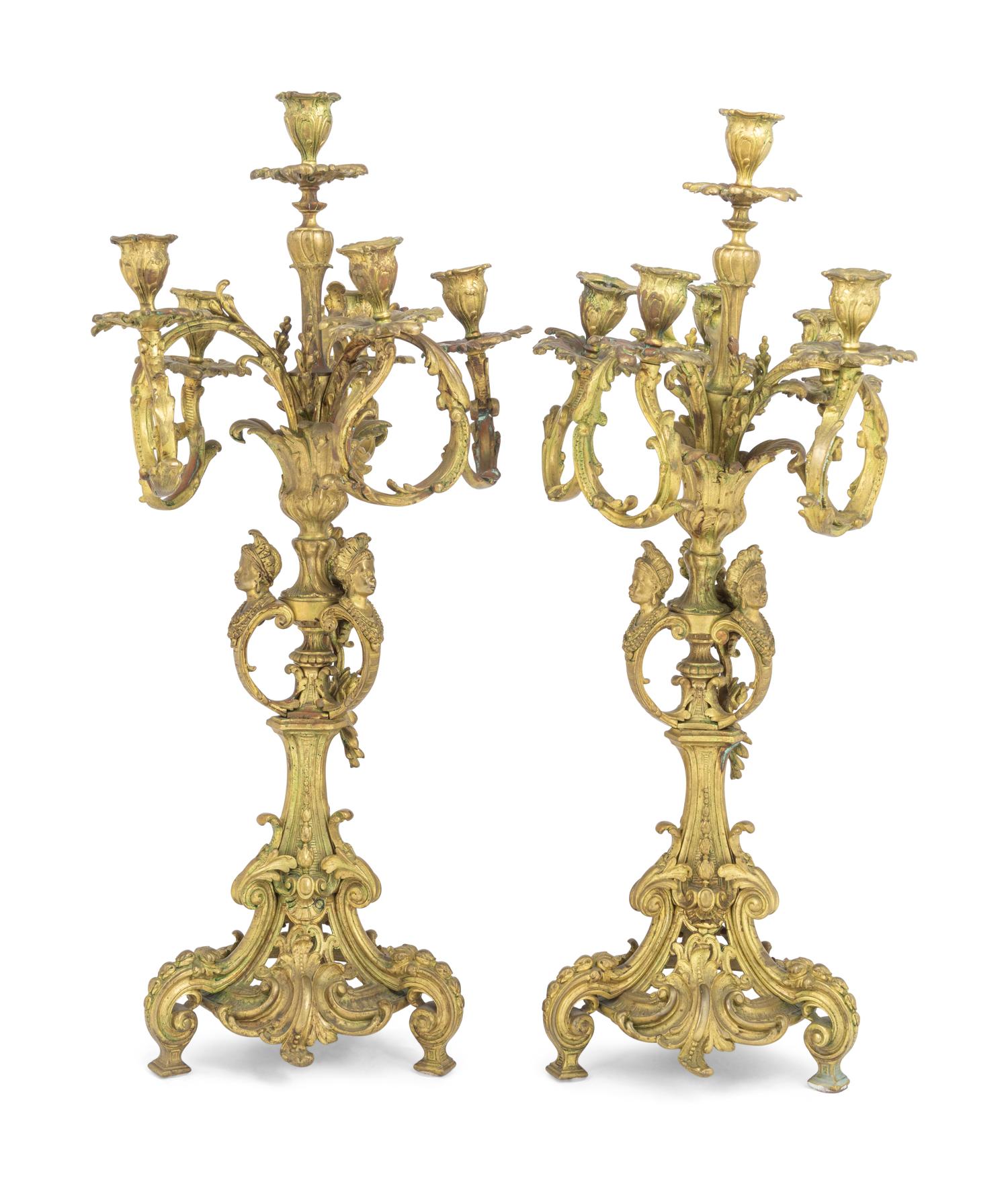 A Pair of Napoleon III Gilt Bronze Six-Light Candelabra