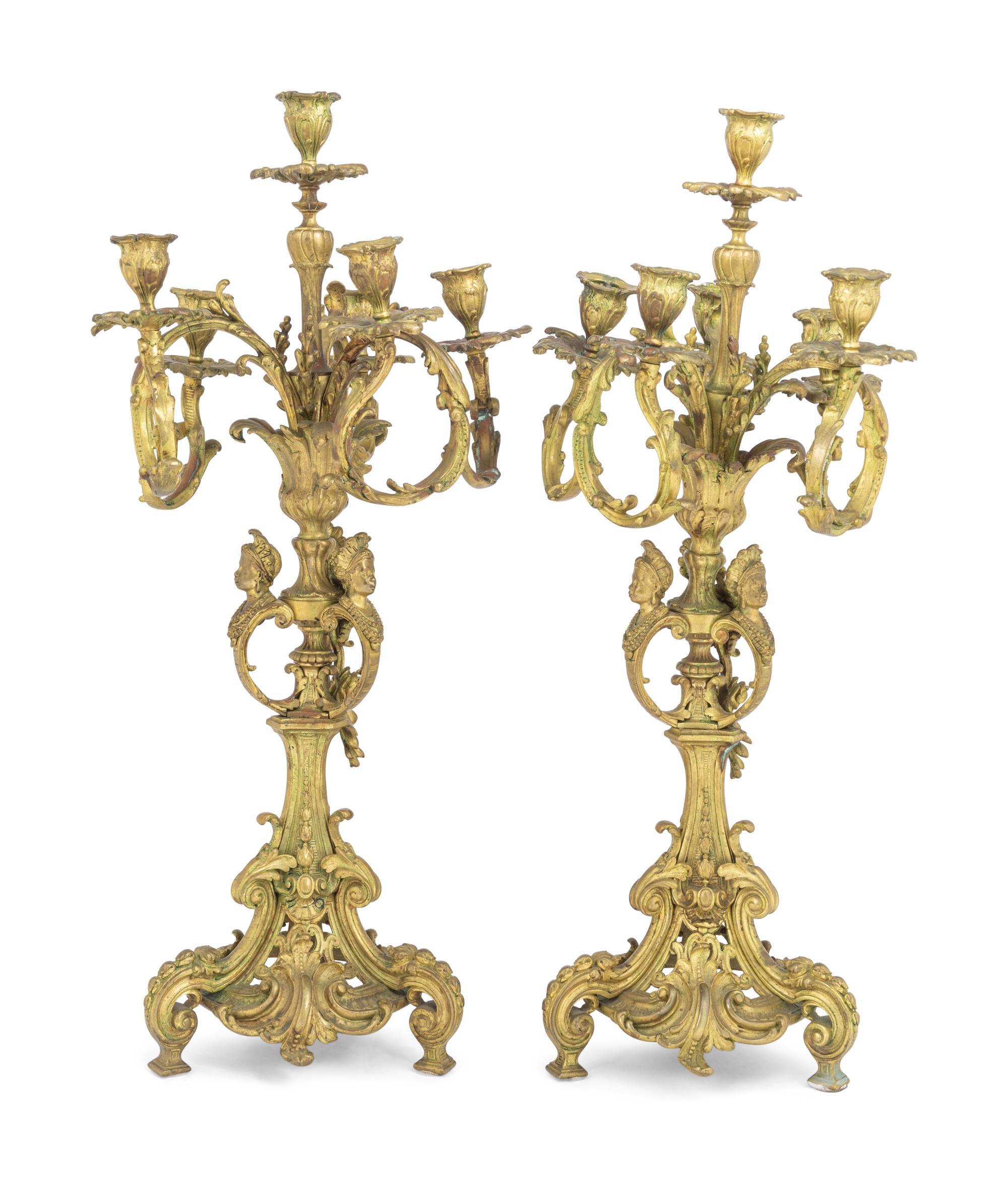 A Pair of Napoleon III Gilt Bronze Six-Light Candelabra
