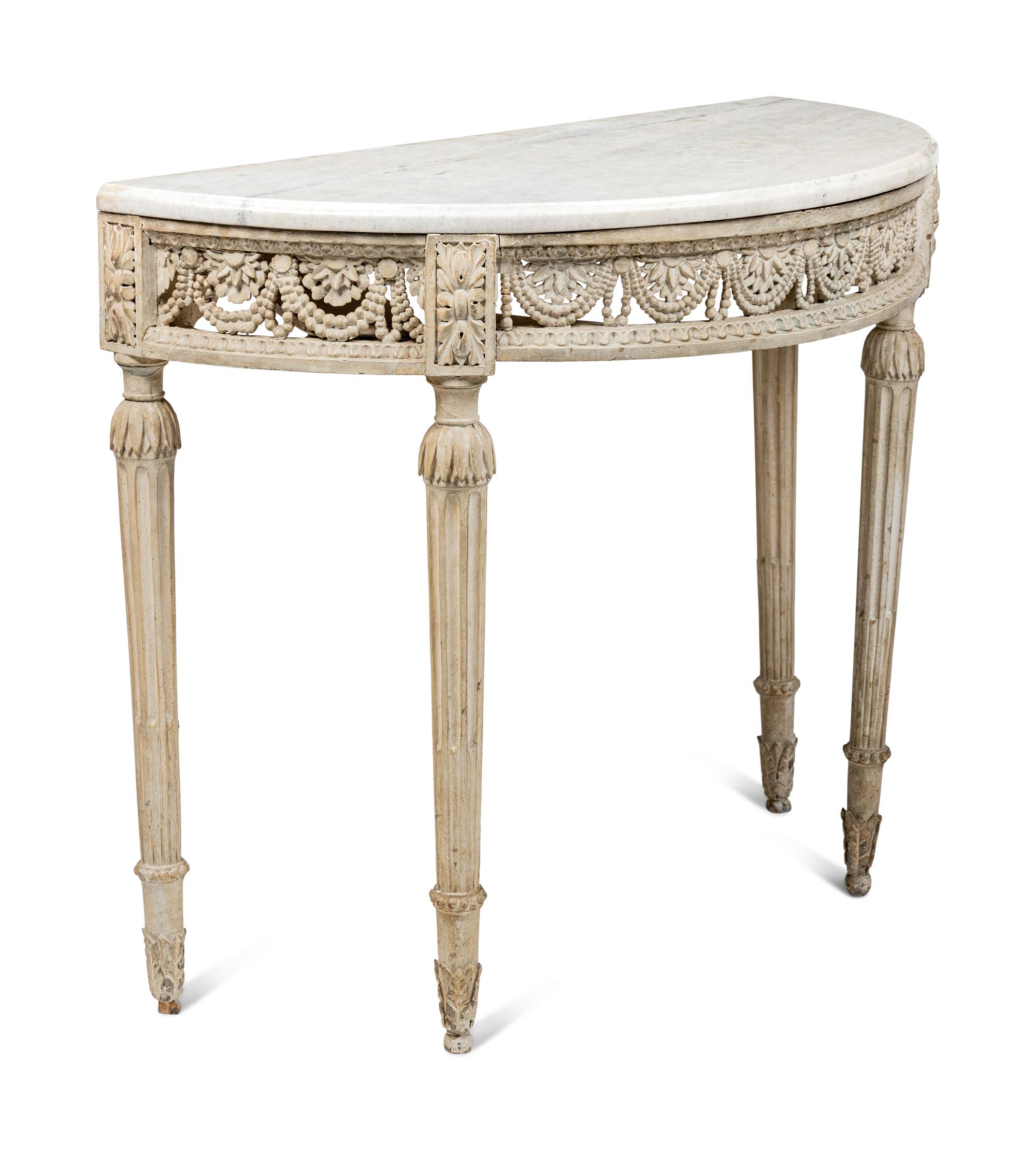 A Louis XVI White-Painted Marble-Top Console Table
