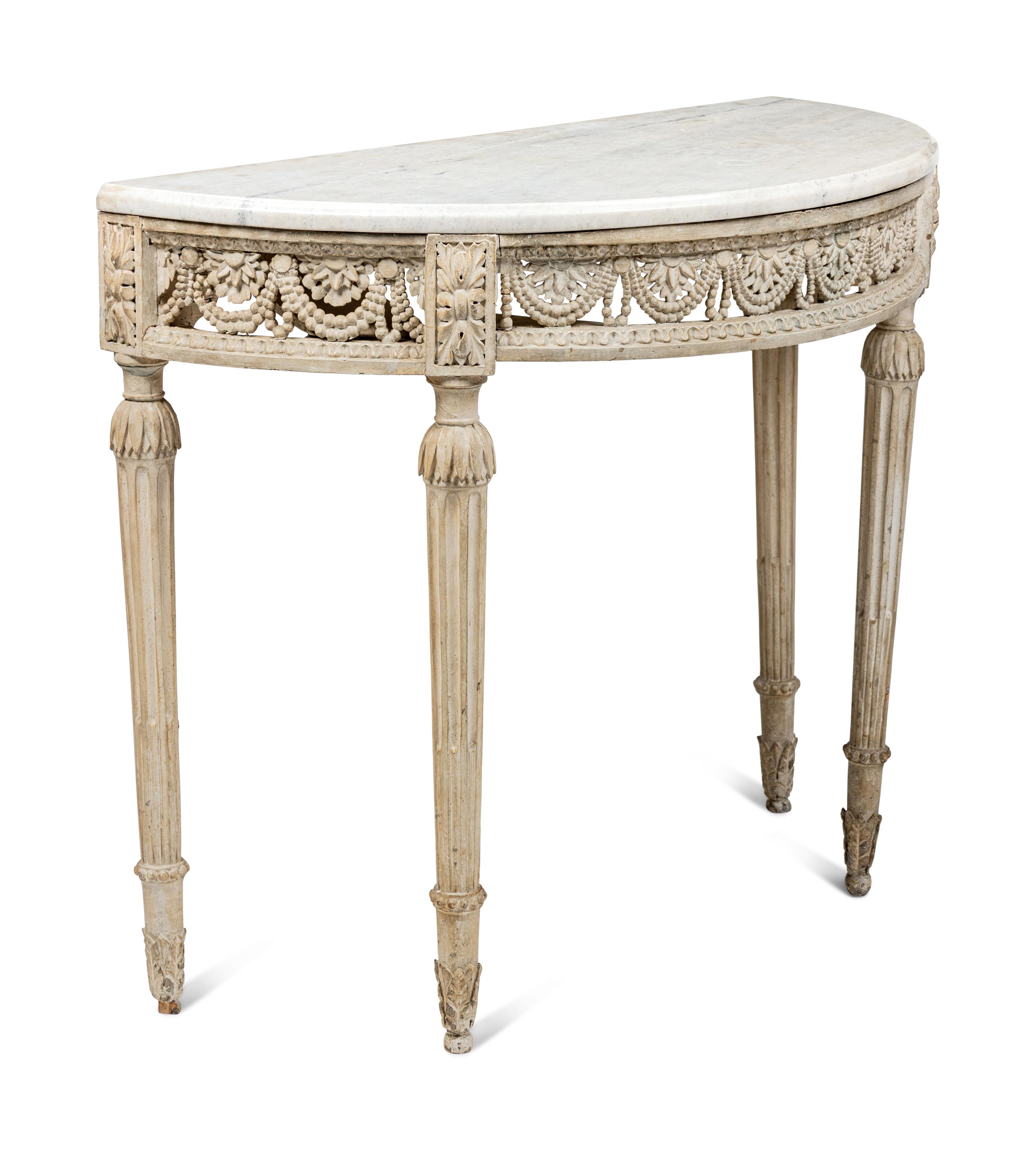 A Louis XVI White-Painted Marble-Top Console Table