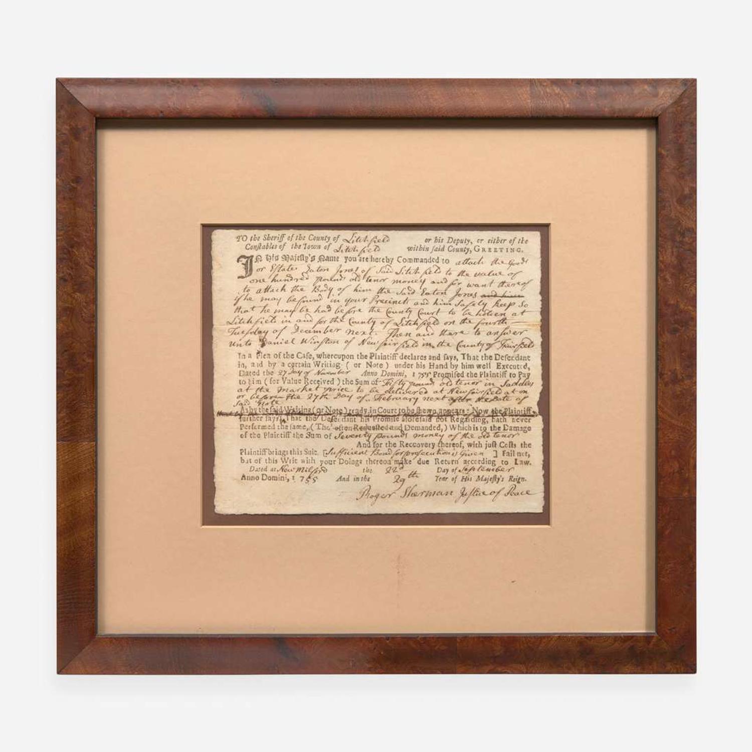 [Declaration of Independence] [Connecticut] Sherman, Roger Partially-Printed Autograph Document, signed
