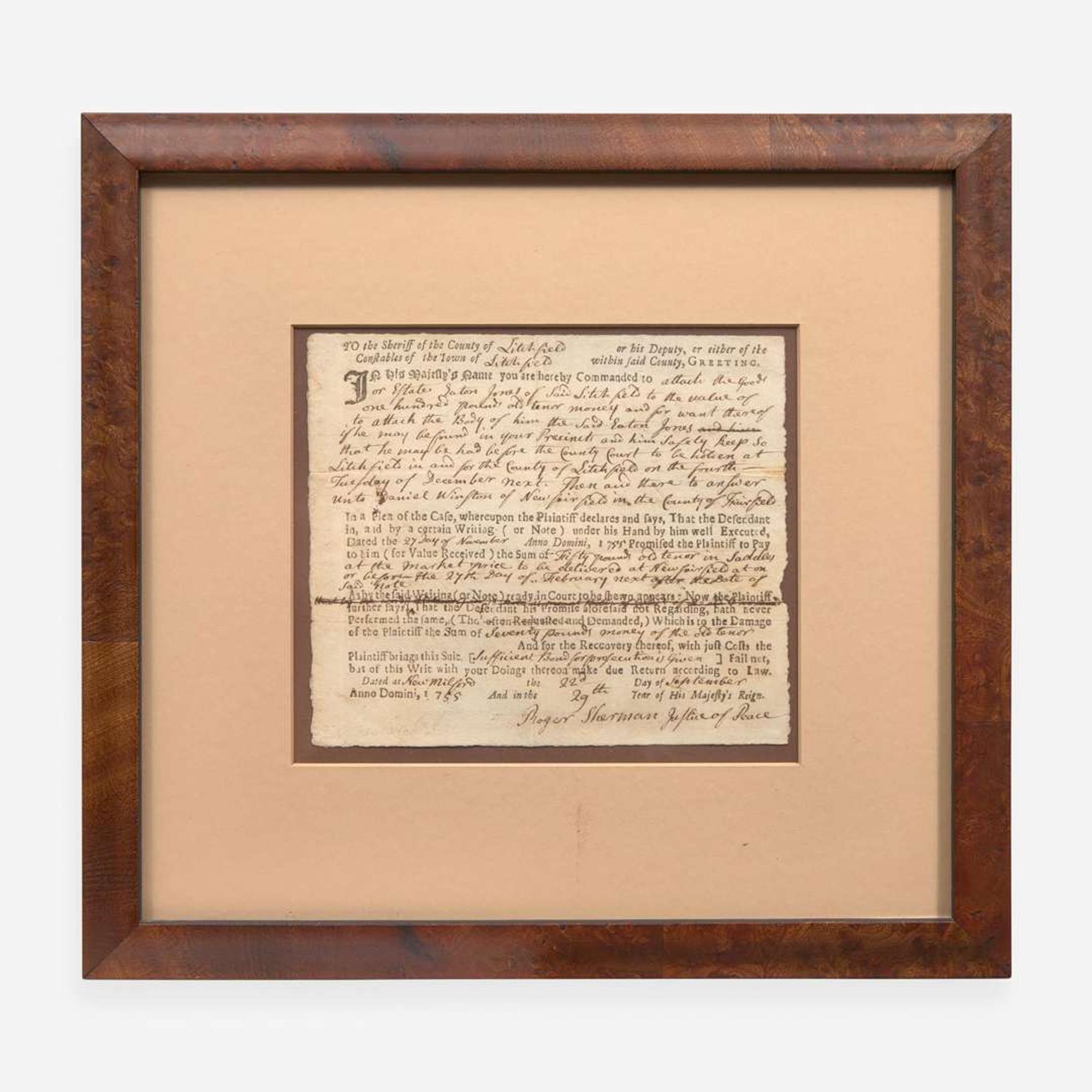 [Declaration of Independence] [Connecticut] Sherman, Roger Partially-Printed Autograph Document, signed