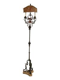 A Mizner Style Painted and Parcel Gilt Wrought Iron Four-Light Torchère with Polychromed Leather Shade