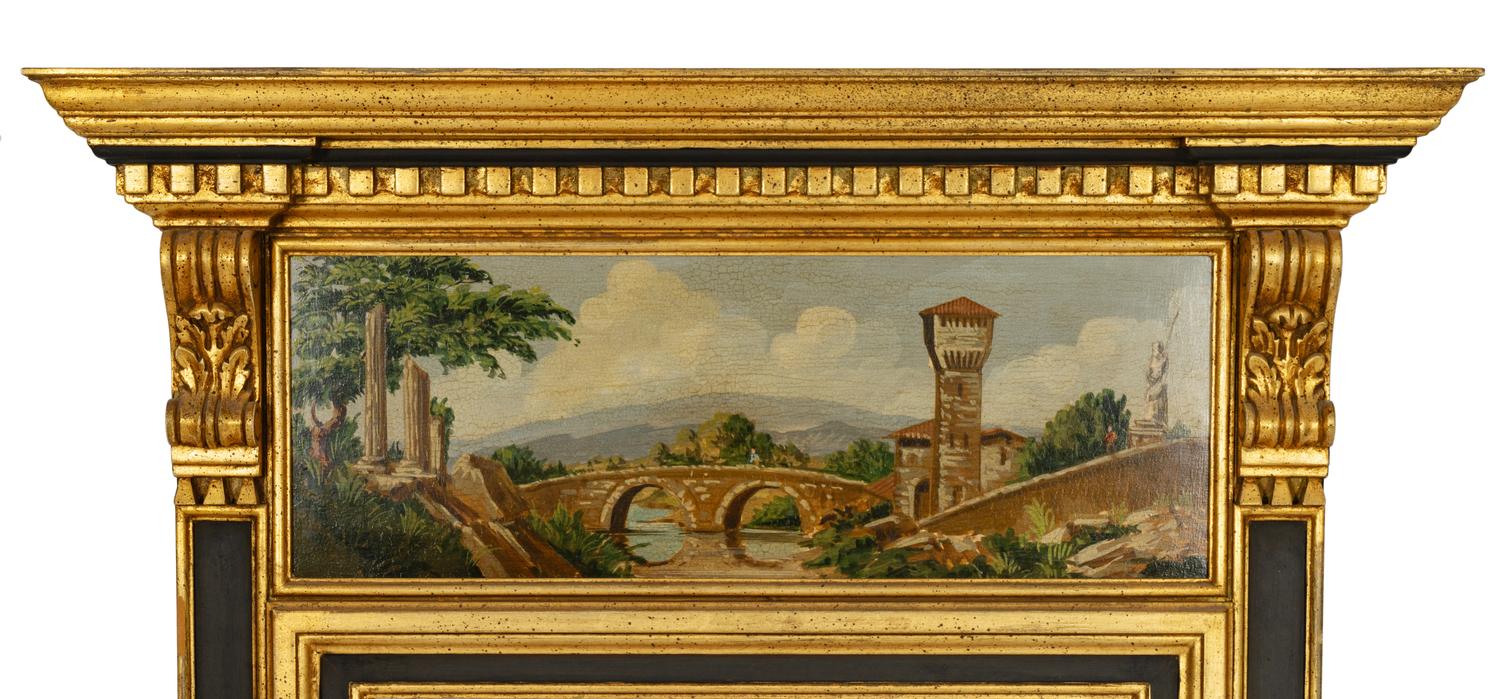 An Italian Parcel Gilt and Ebonized Trumeau Mirror