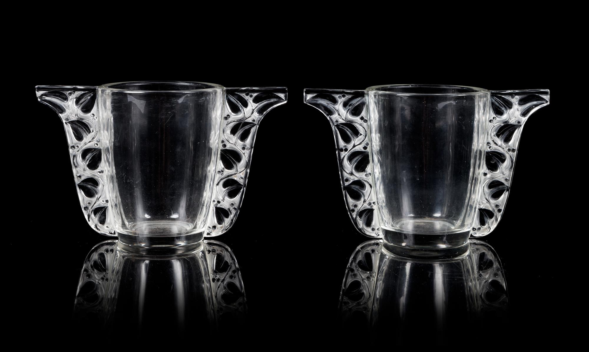 Rene Lalique, (French, 1860-1945), a pair of Honfleur vases, model no. 994