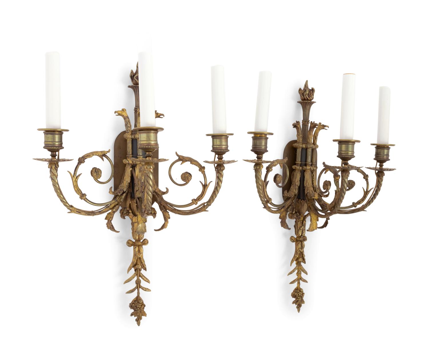 A Pair of Louis XVI Style Gilt Bronze Three-Light Sconces