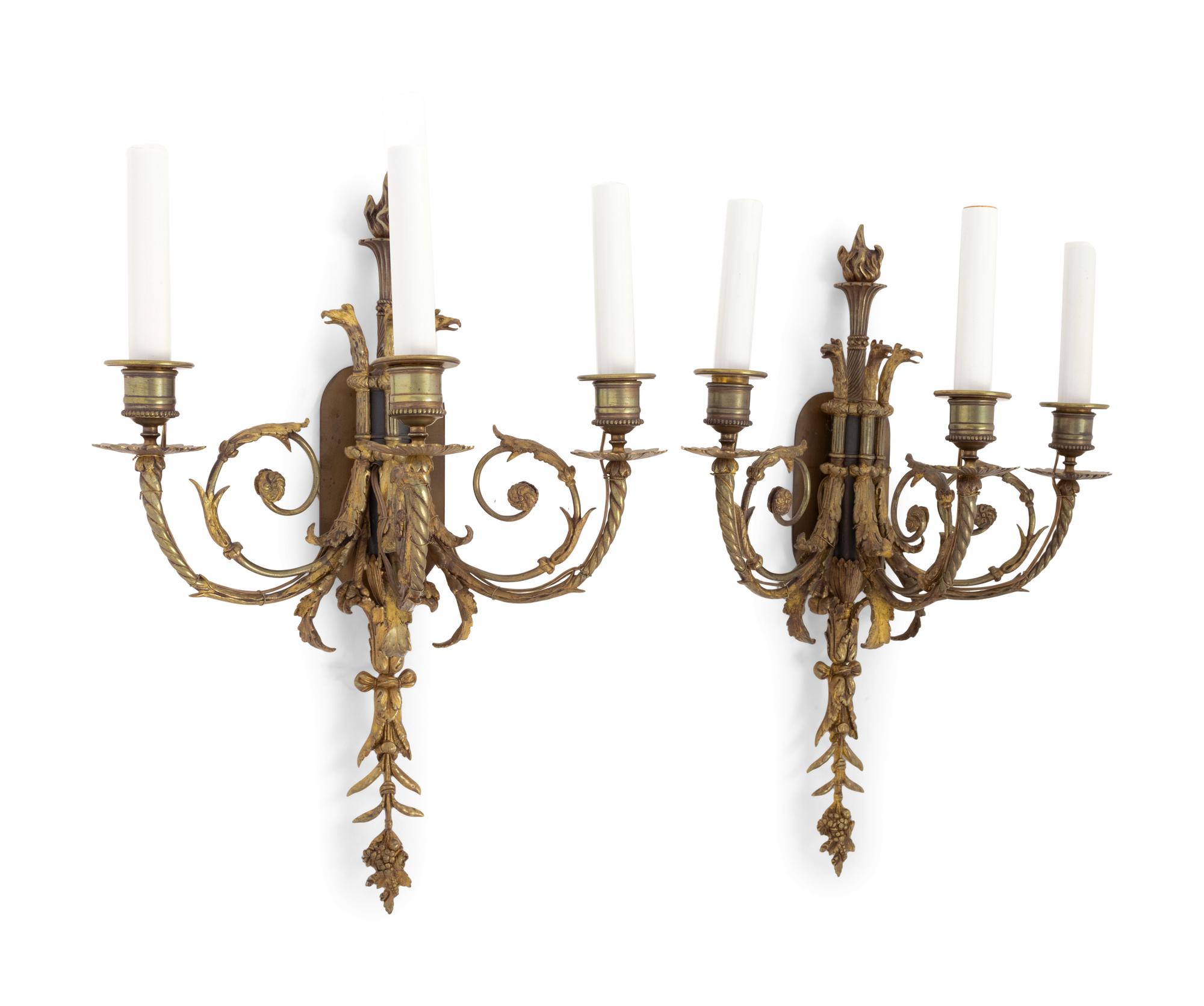 A Pair of Louis XVI Style Gilt Bronze Three-Light Sconces