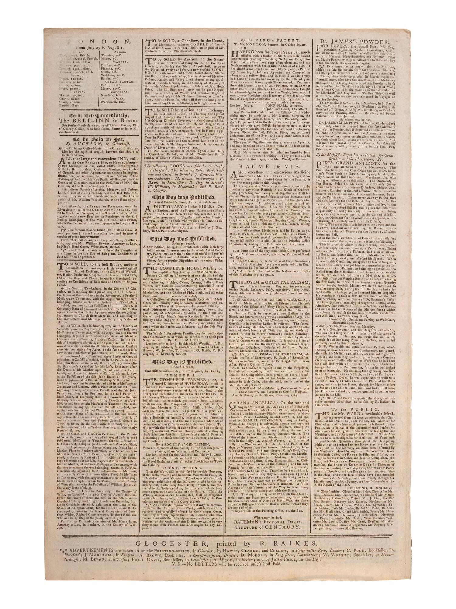 [PRE-REVOLUTIONARY WAR]. The Glocester Journal . Vol. XLV, No. 2306. Gloucester, England: R. Raikes, 4 August 1766.