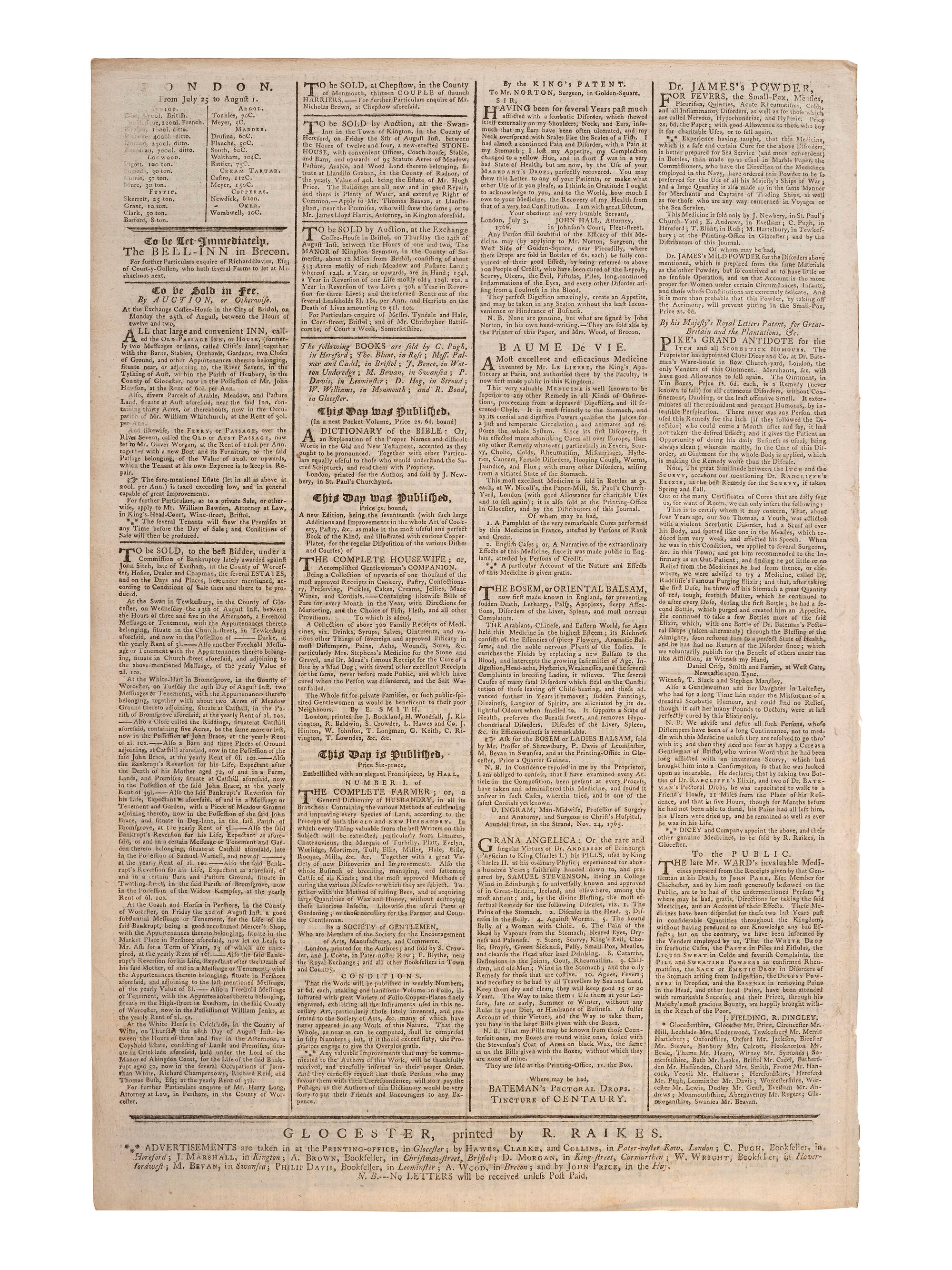 [PRE-REVOLUTIONARY WAR]. The Glocester Journal . Vol. XLV, No. 2306. Gloucester, England: R. Raikes, 4 August 1766.