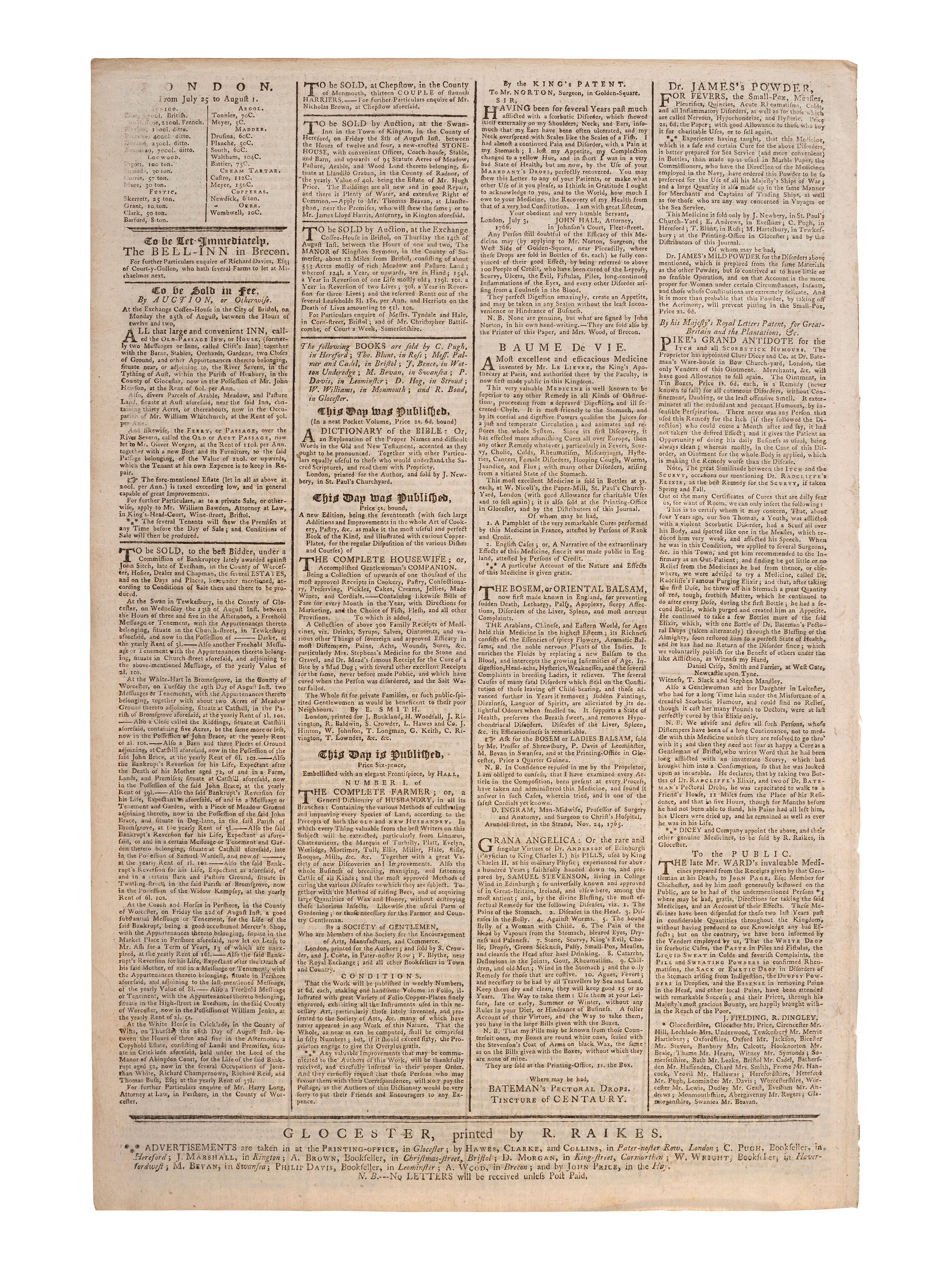 [PRE-REVOLUTIONARY WAR]. The Glocester Journal . Vol. XLV, No. 2306. Gloucester, England: R. Raikes, 4 August 1766.