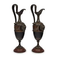 A Pair of Neoclassical Bronze and Marble Ewers