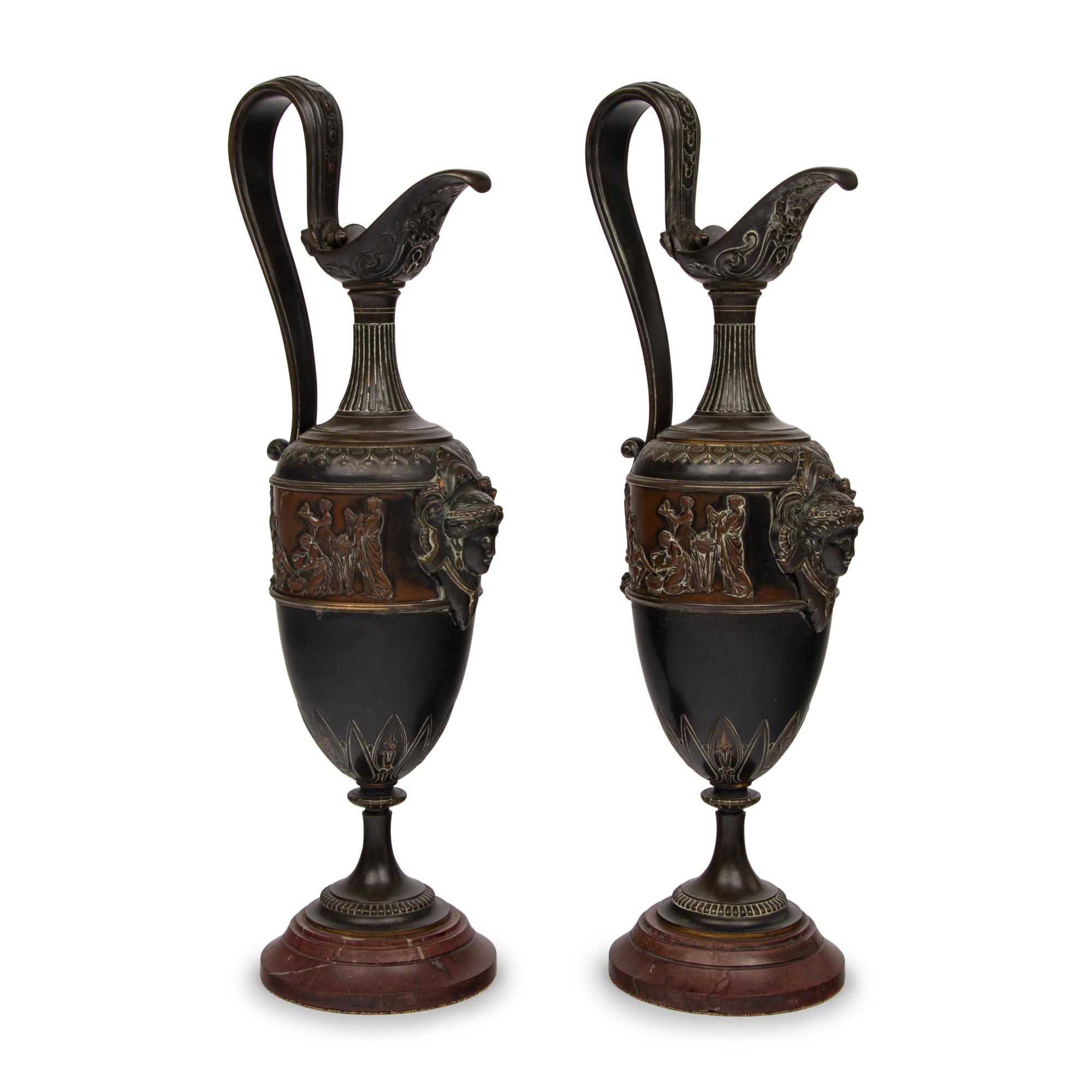 A Pair of Neoclassical Bronze and Marble Ewers