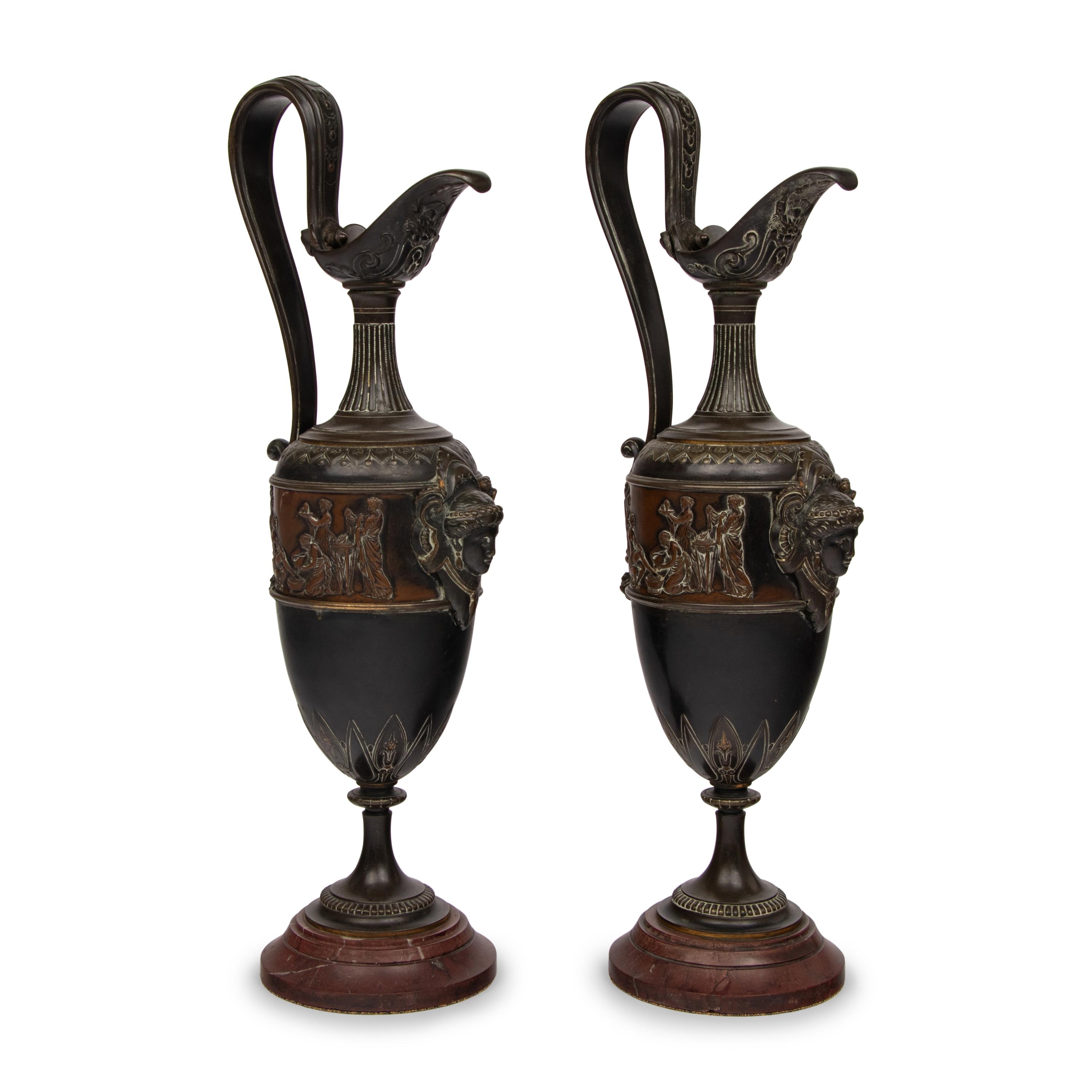 A Pair of Neoclassical Bronze and Marble Ewers