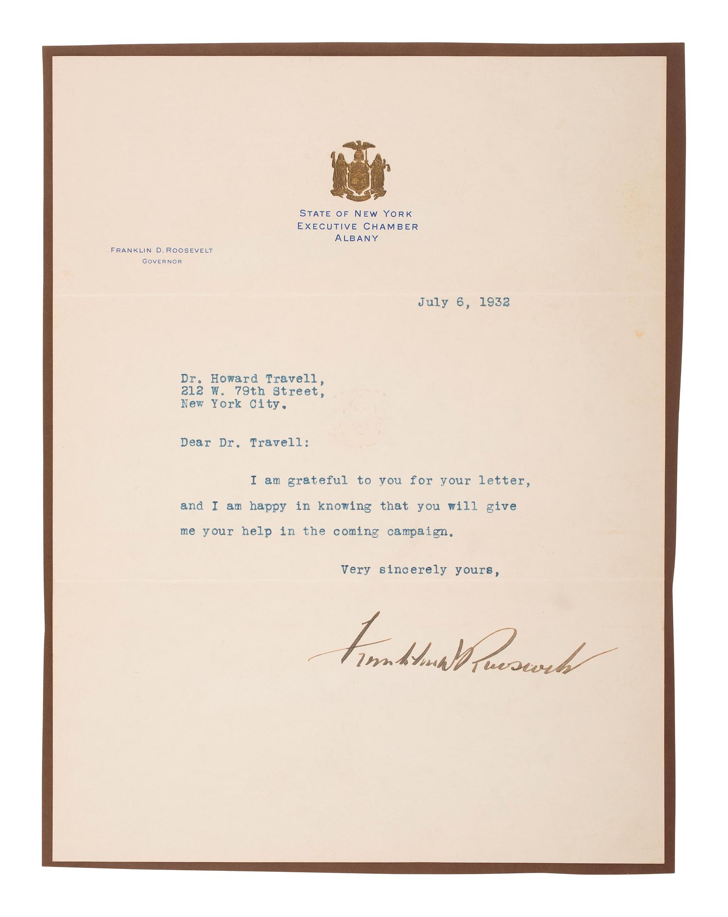 [POLITICS IN AMERICA]. A group of 3 TLsS to C. Howard Travell, from THEODORE ROOSEVELT, FRANKLIN D. ROOSEVELT, and HERBERT H. LEHMAN.