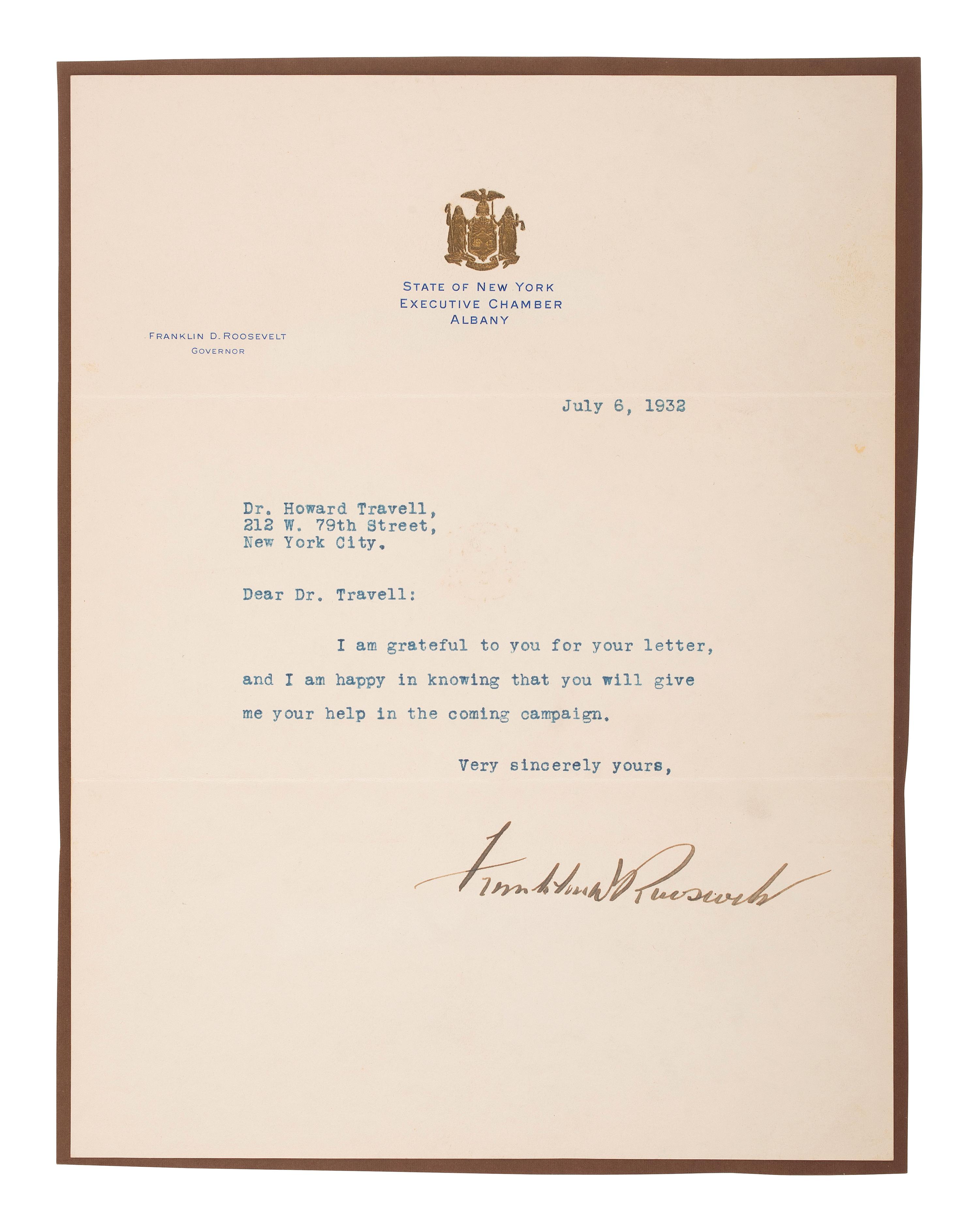 [POLITICS IN AMERICA]. A group of 3 TLsS to C. Howard Travell, from THEODORE ROOSEVELT, FRANKLIN D. ROOSEVELT, and HERBERT H. LEHMAN.