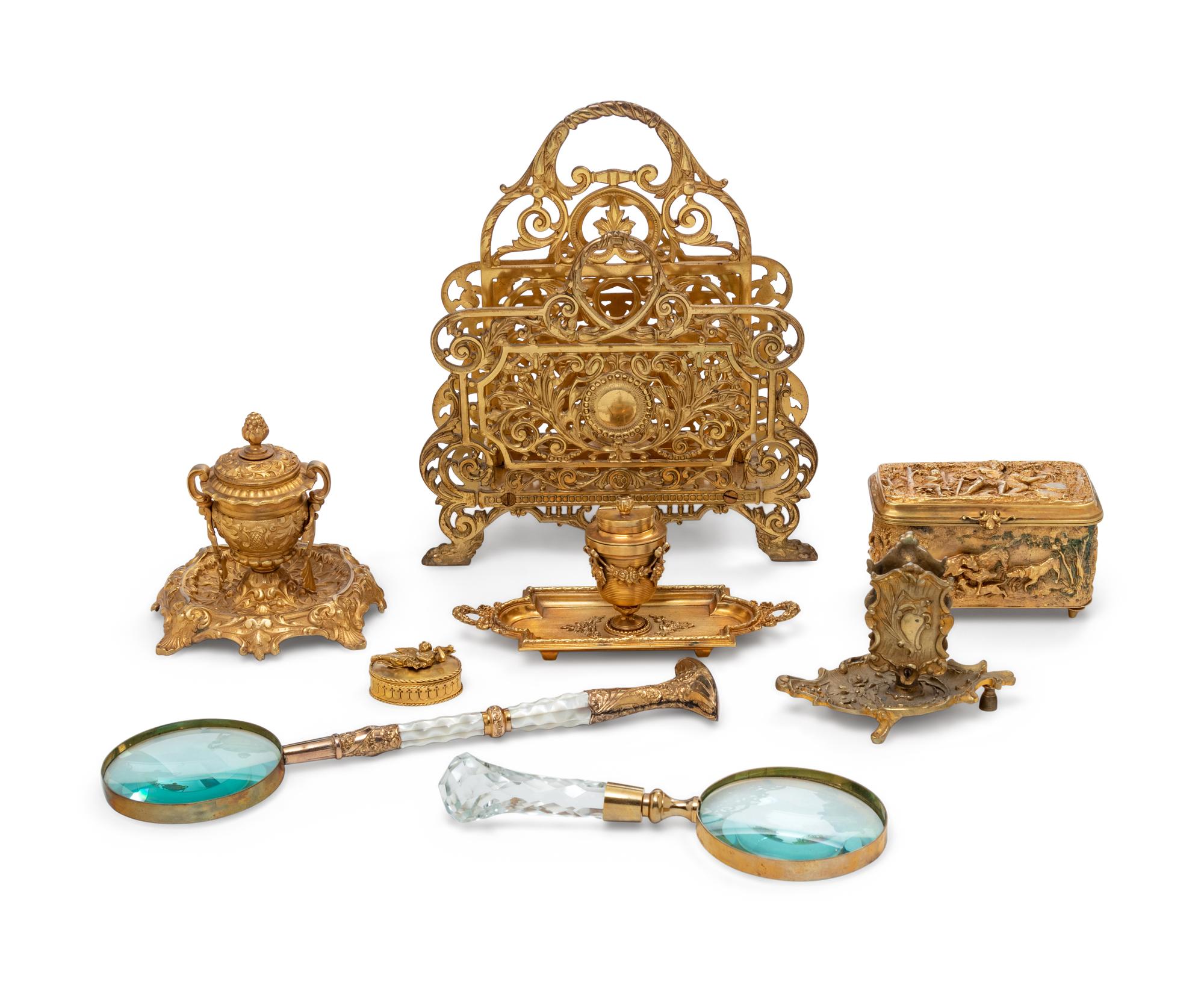 Eight Gilt Bronze and Gilt Metal Desk Articles