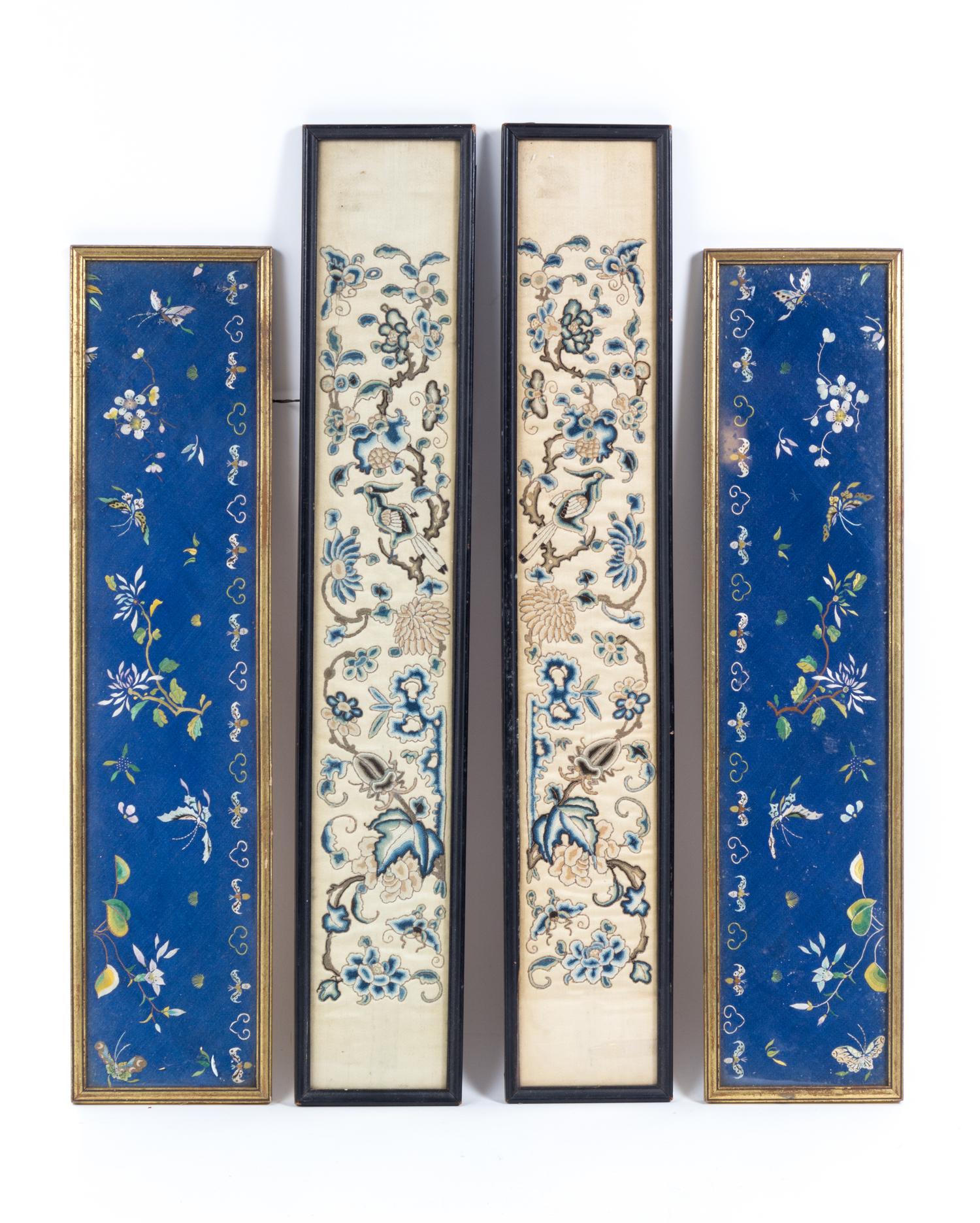 A Group of Four Chinese Embroidered Silk Panels Height of each 24 1/4 x width 5 3/4 inches.